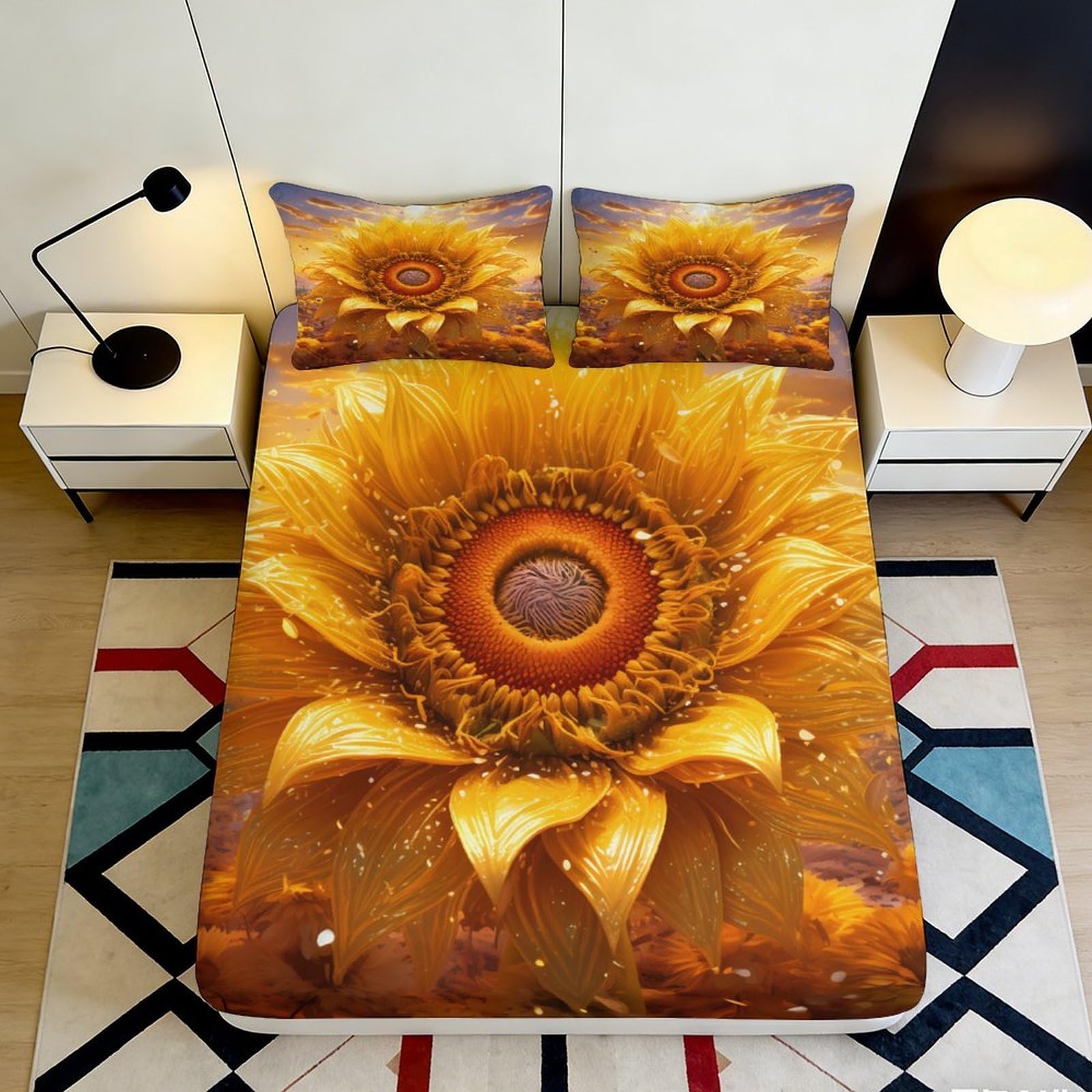 3D Printed Sunflower Fitted Sheet Microfiber Deep Pocket Elastic Hem Sunflower Mattress Fitted Cover Non-Slip Washable Bedding for Adults Teens 200x200x25cm 90x200x25cm
