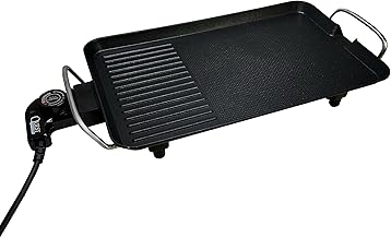 Quest Large Low Wattage Healthy Electric Griddle – 1400W Dual Cooking Plate with Flat & Ribbed Surfaces, Non-Stick, Adjustable Thermostat, Grease Drain, Portable BBQ Grill 55x24cm
