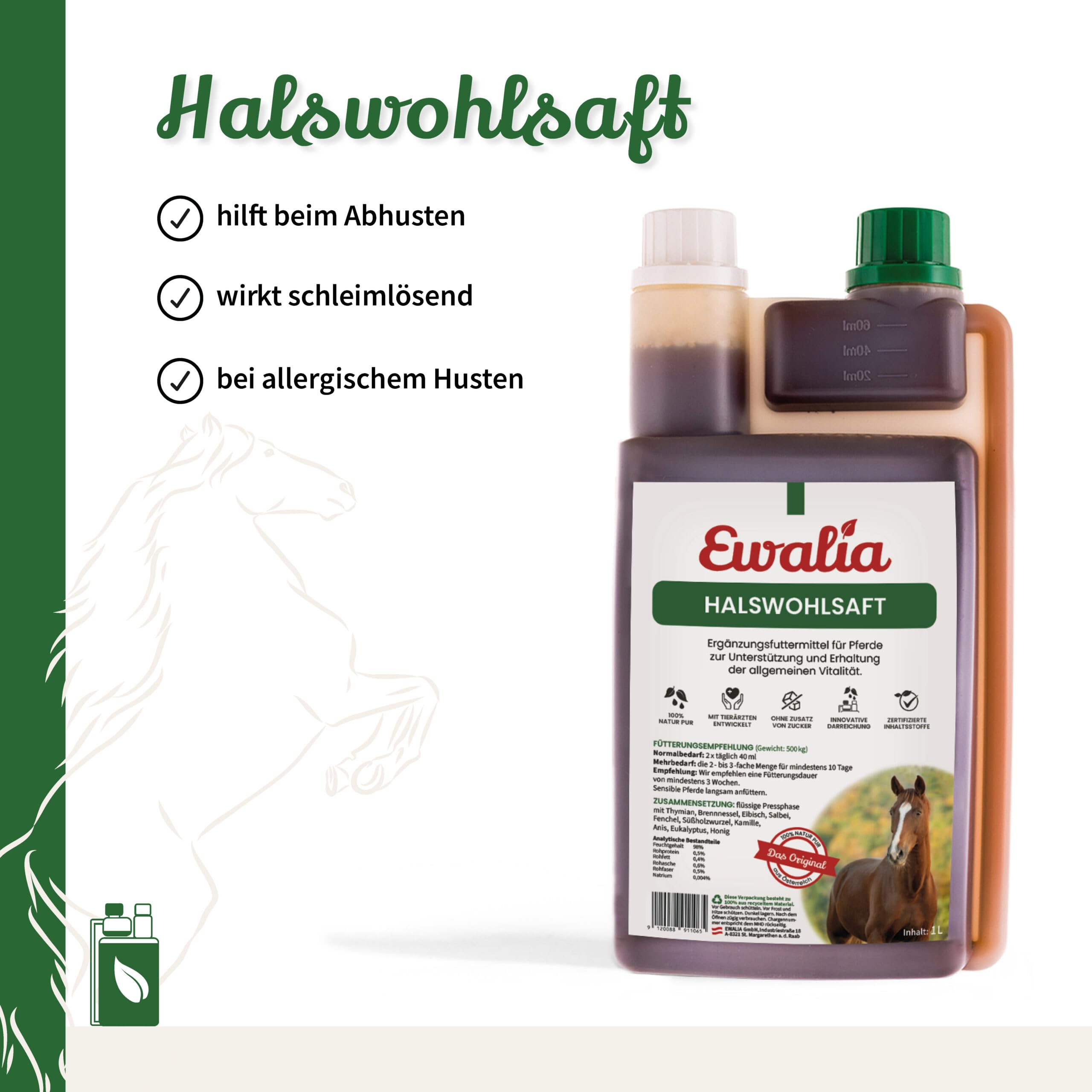 NEU! EWALIA Halswohlsaft - Beruhigendes Ergänzungsfuttermittel für Pferde, Förderung des allgemeinen Wohlbefindens, Natürliche Kräuterformel für Vitalität - mit Tierärzten entwickelt, 2x1 Liter