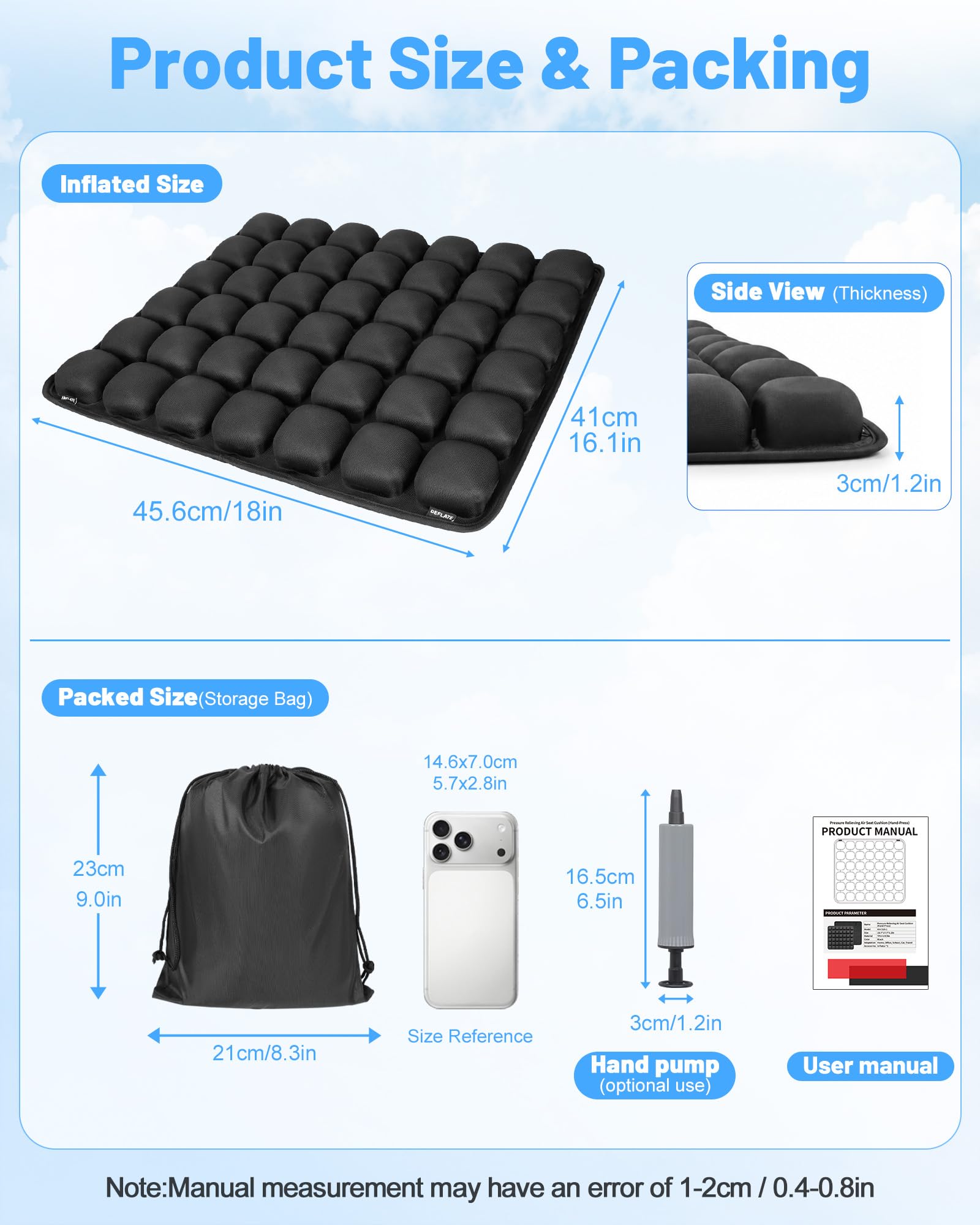 LeMotech Cuscino da viaggio per aereo, portatile e regolabile, supporto ergonomico confortevole, cuscino gonfiabile ad aria con fondo antiscivolo per lunghi voli, ufficio, campeggio, sedia a rotelle