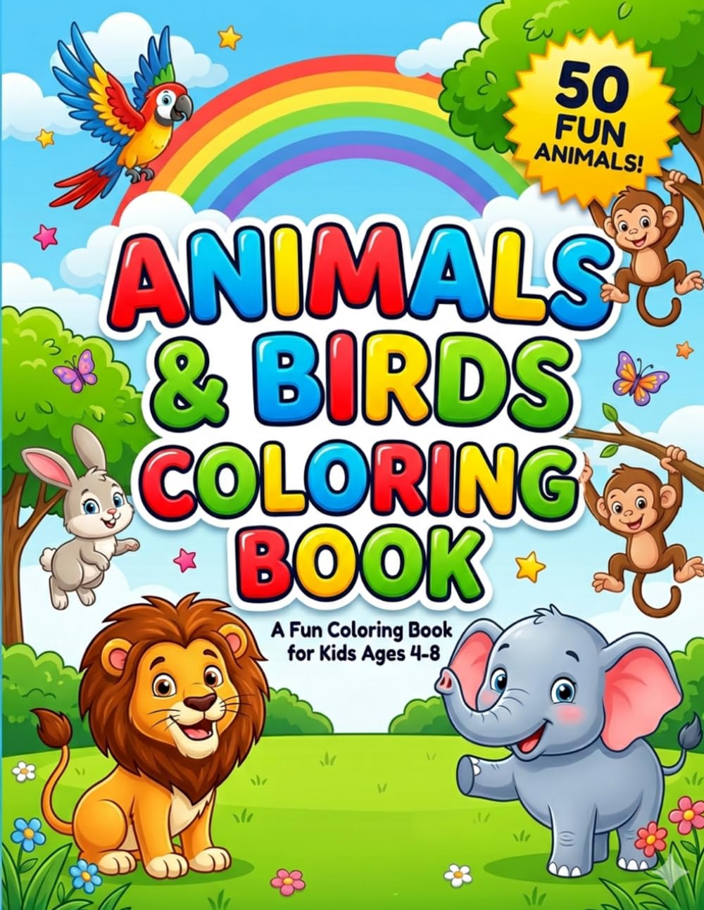 50 Animals & Birds Coloring Book for Kids Ages 4–8: Cute, Fun and Easy Coloring Pages for Boys and Girls