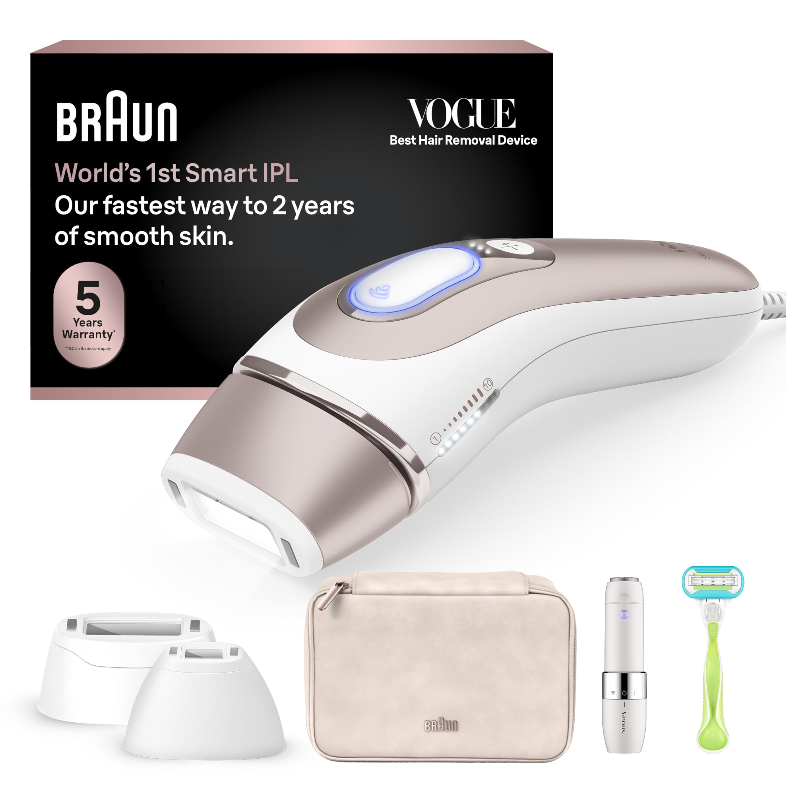 IPL Skin i·Expert, at Home Laser Hair Removal, Permanent Visible Hair Reduction, with Free App, Smart IPL, Vanity Case, Venus Razor, 2 Smart Heads, Facial Trimmer, PL7219