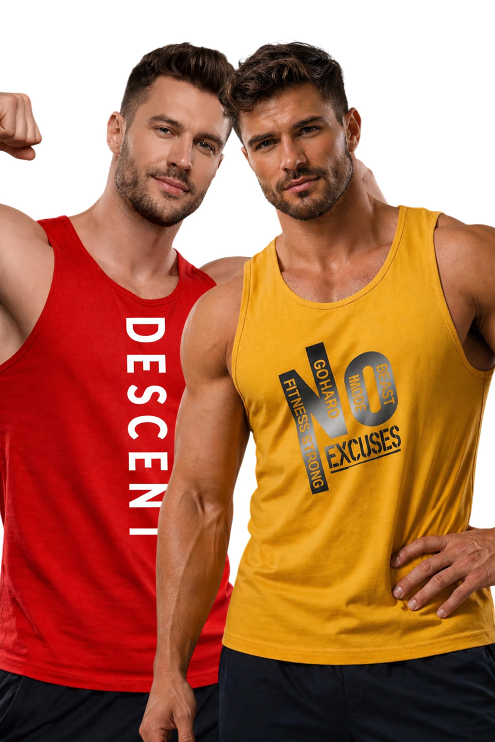 Polyester Letter Printed Vest for Men - Pack of 2 - Yellow & Red | Round Neck | Sleeveless | Regular Fit | Summer & Gym Wear Tank Top for Men-image-23
