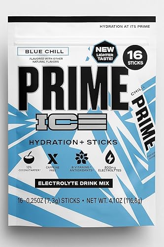 PRIME HYDRATION Ice Sticks, polvo de hidratación en palitos de una sola porción, electrolito en polvo sobre la marcha, 250 mg de BCAA, vitaminas B,