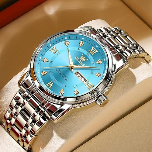 Miniatura 2 de OLEVS Reloj de diamantes para hombre, de lujo, vestido de negocios, reloj de pulsera de cuarzo de acero inoxidable, impermeable, luminoso, fecha de