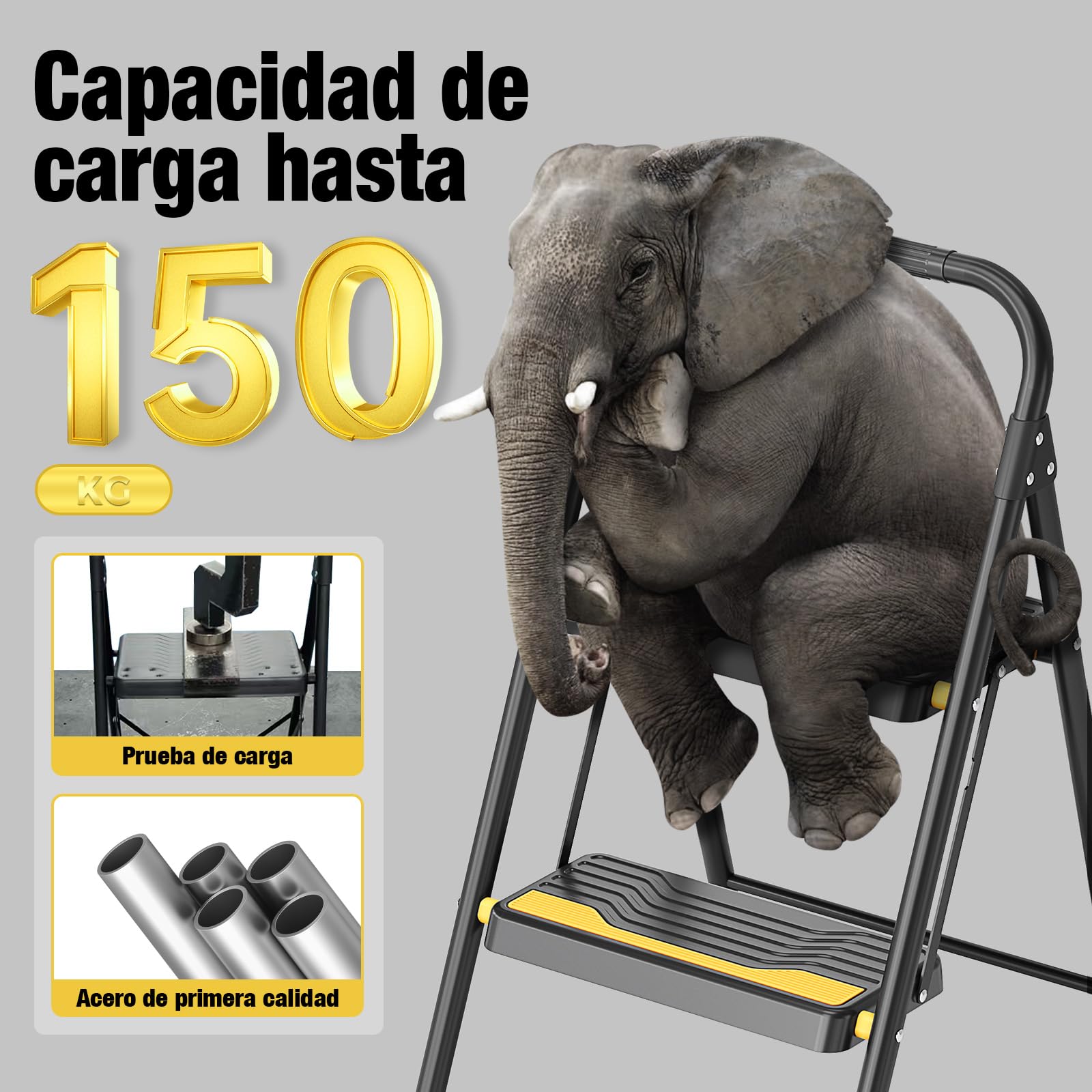 Urackify Escalera 2 Peldaños Plegable, Carga hasta 150kg, Peldaños Anchos Antideslizantes, Pasamanos de Seguridad, Compacto y Plegable, Escaleras de Tijera para Hogar, Cocina, Oficina, Despensa, Negro