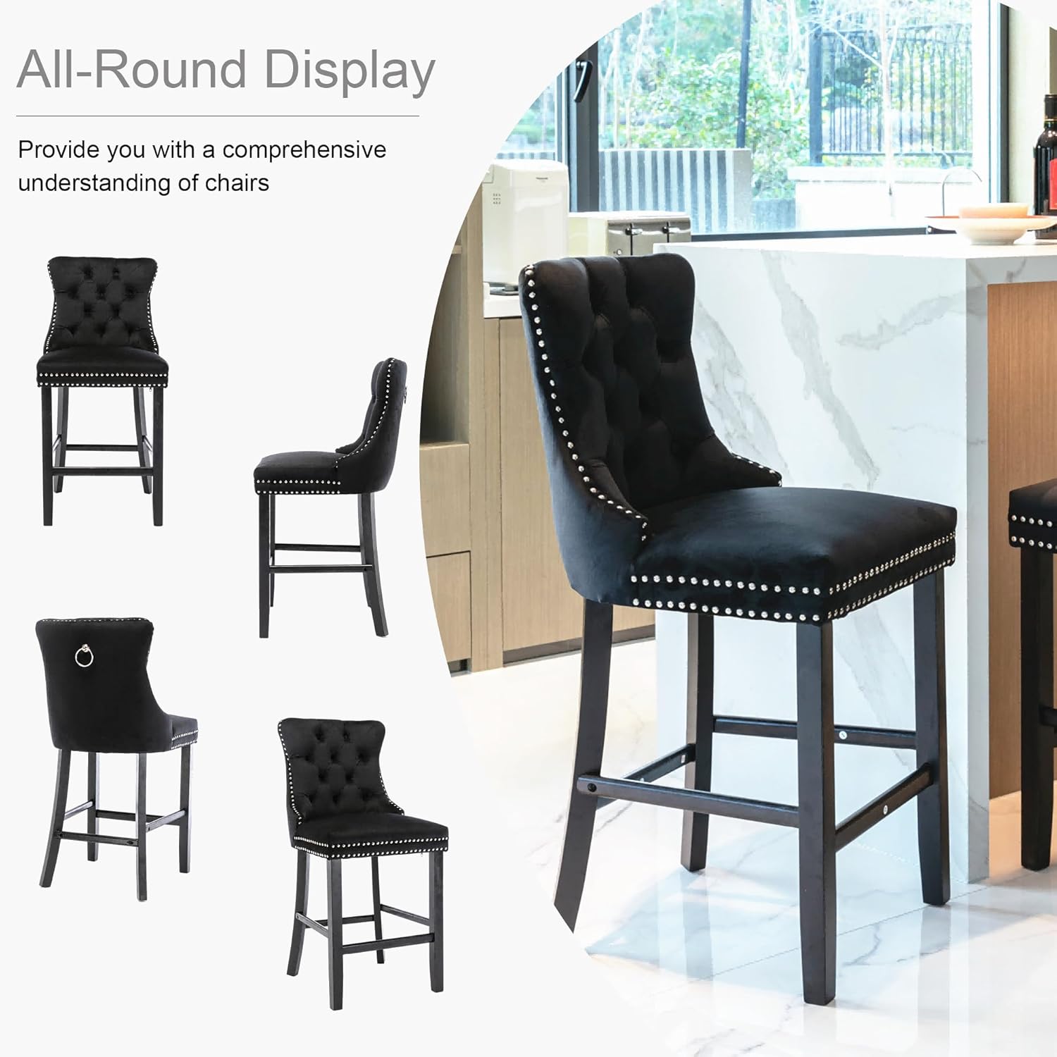 Rhomtree 27" Modern Velvet Upholstered Bar Stools with Wood Legs Button Tufted Chrome Nailhead Counter Height Bar Stools Seat Armless Bar Chairs for Kitchen Island or Home Pub (Black, Set of 4)