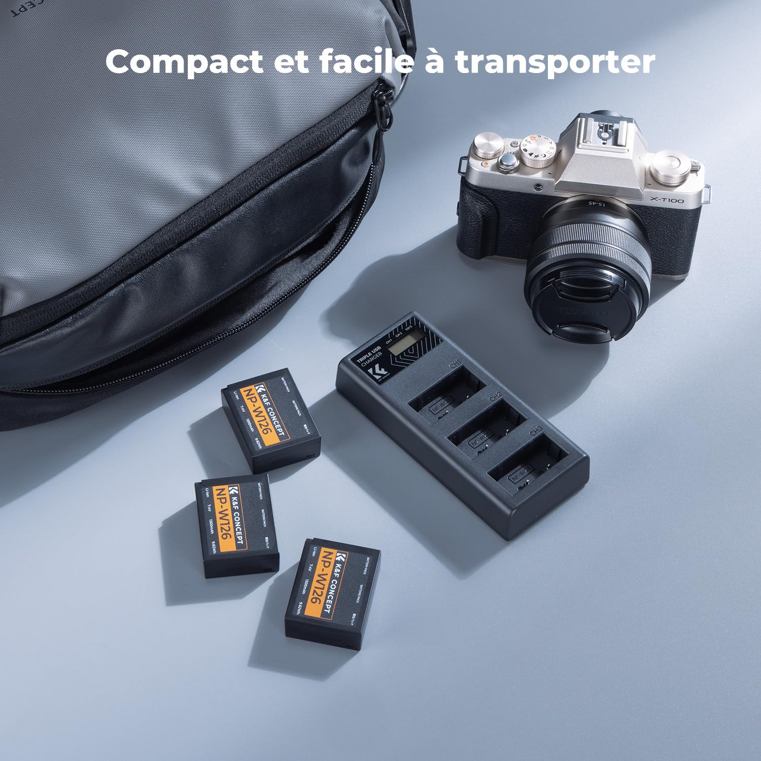 K&F CONCEPT NP-W126 NP-W126S Batterie et Chargeur à Trois Slot Compatible avec Fujifilm XM5, X100VI, X100V, XS10, XT30, XT30 II, XT20, XE4, XE5, A5,X Half(HF1)