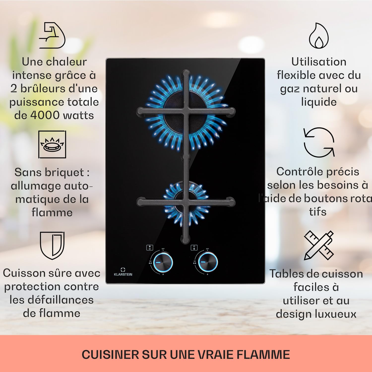 Klarstein Plaque de Cuisson Gaz 2 Feux, Table de Cuisson à Gaz 2 Brûleurs, Plaque 4000W, Piano Cuisine en Acier Inoxydable, de Encastrable, a Cuisine Inox