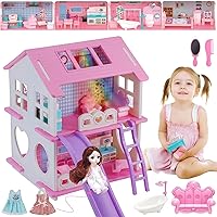 Vista 1 de Casa de muñecas, con sala de estar, dormitorio, baño, muebles de cocina, casa de muñecas de doble cara con 1 muñeca, 3 juegos de ropa, luces