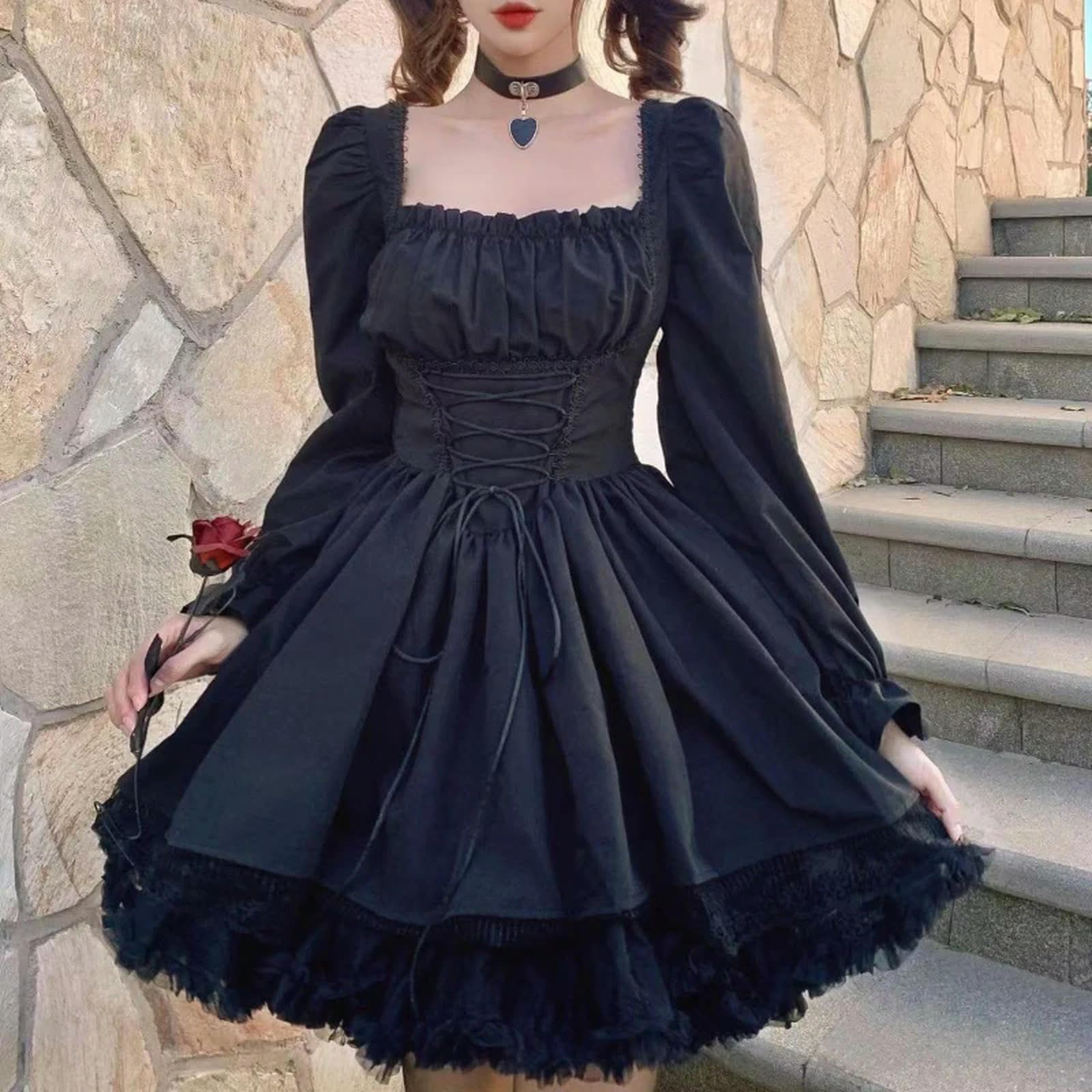 Robe Blanche à Manches Longues en Dentelle Gothique Noire Patchwork Streetwear col carré-Noir-L