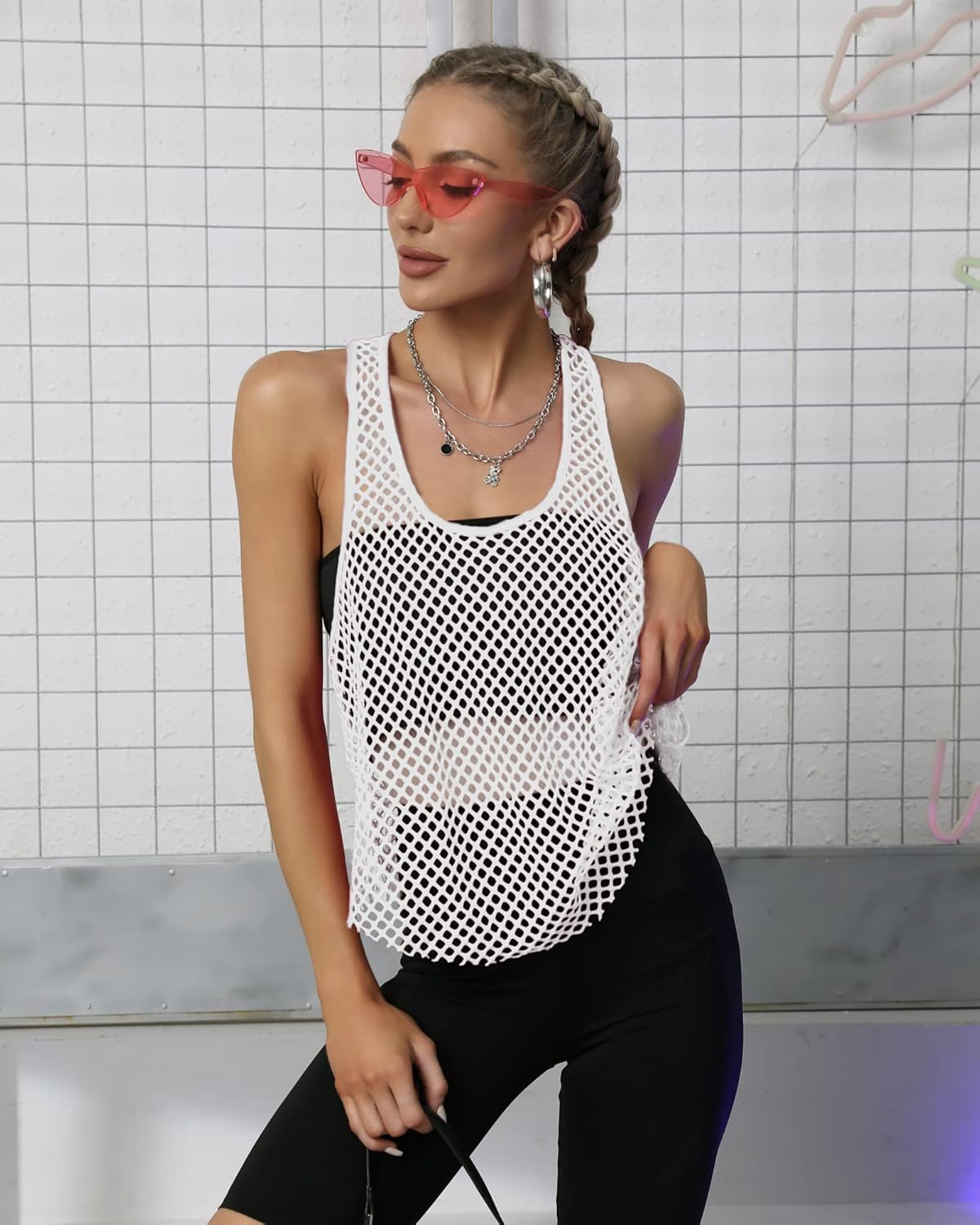 CLOZOZ Fishnet Tank Tops Mesh See Through Tops for Women Trendy Sheer Scoop Neck Sleeveless Going Out Tops - Image 5