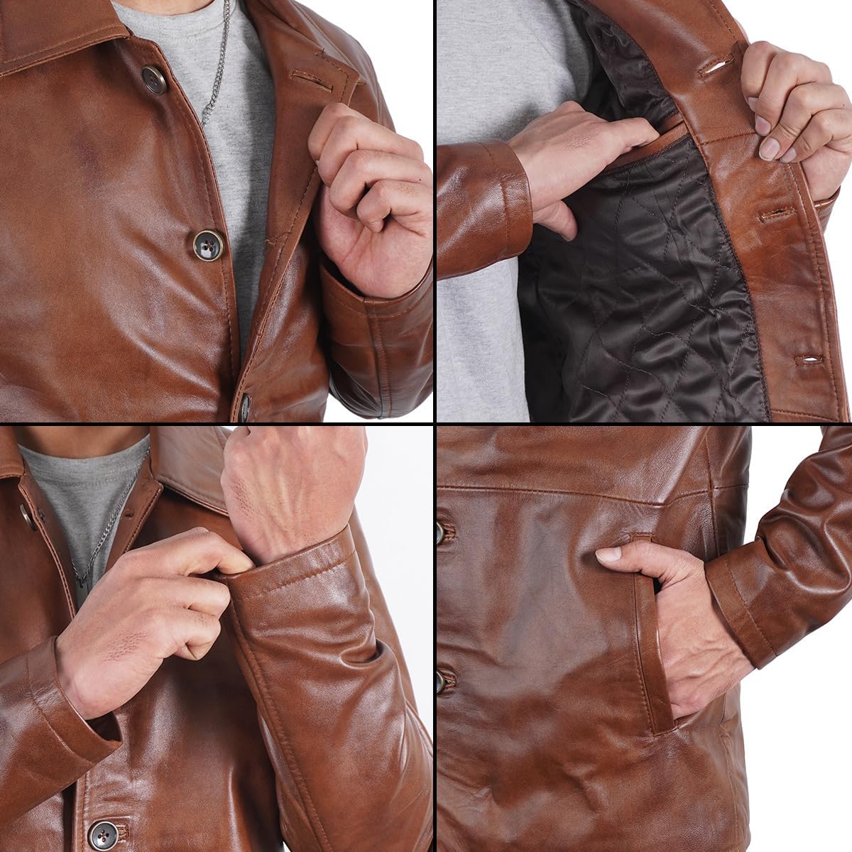 Mens Classic Winter Leather Car Coat 3/4 Length - Button Up Real Lambskin Long Jacket - Image 5