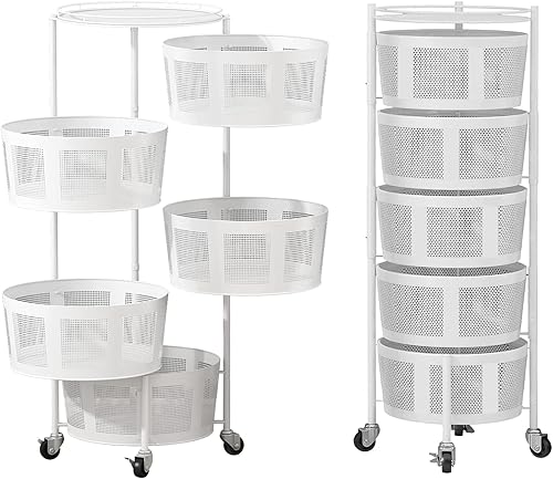 asunflower Cestas de cocina giratorias de 5 niveles redondas de malla para frutas y verduras carrito de almacenamiento con ruedas
