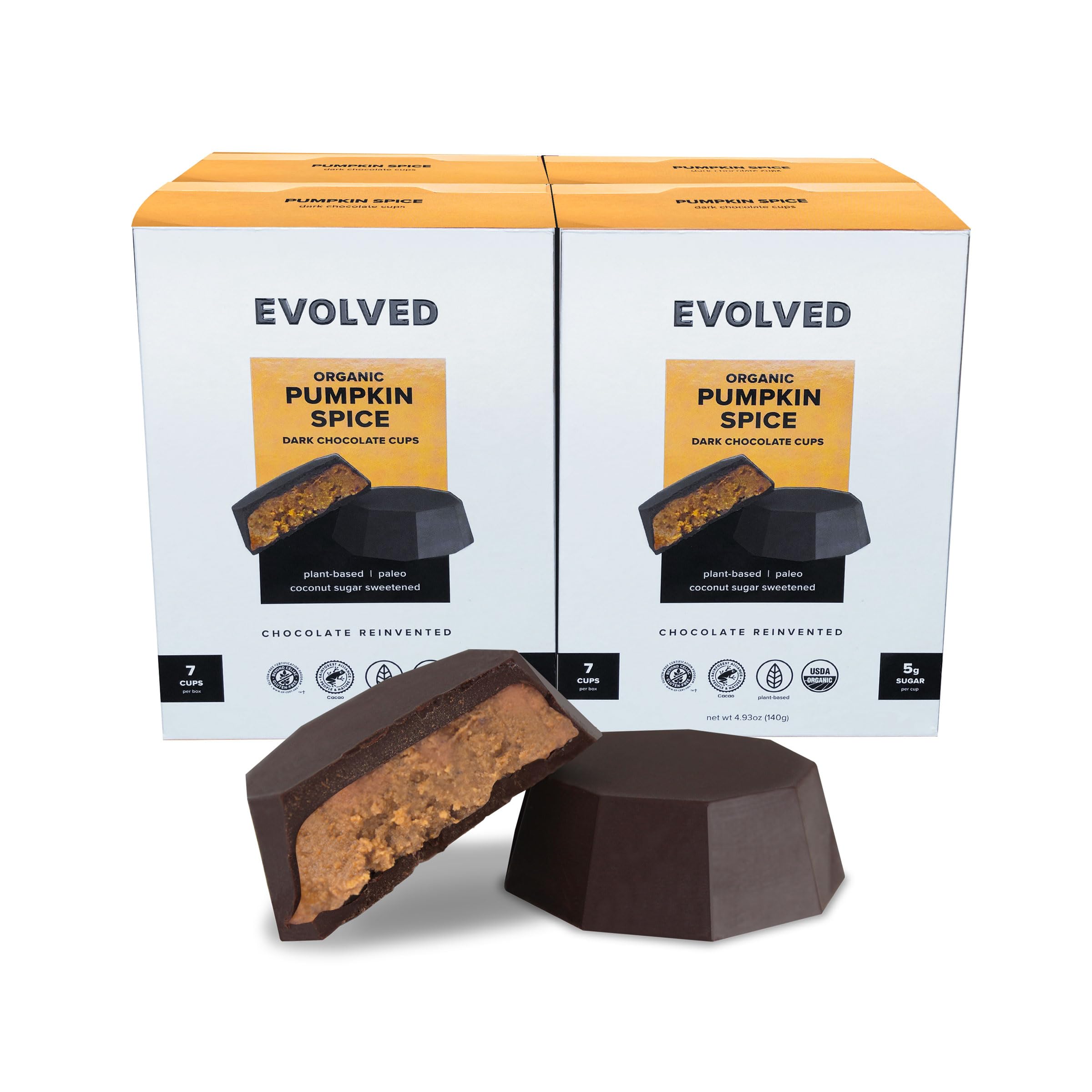 EVOLVED Chocolate Organic Pumpkin Spice Coconut Butter Filled Dark Chocolate Cups, Coconut Sugar Sweetened, 4.93-oz. Boxes (Count of 4), 28 Cups