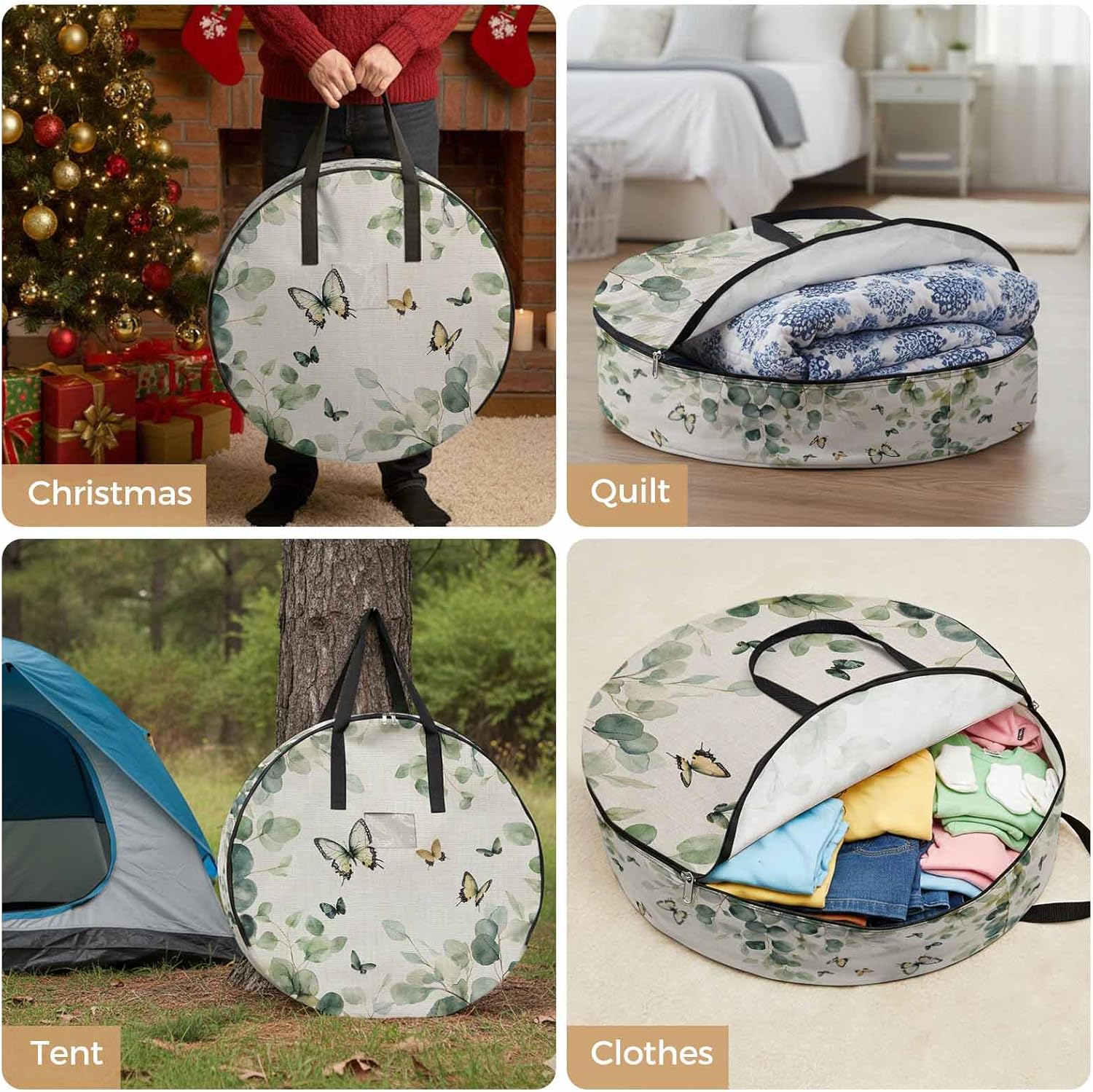 Retro Eucalyptus Leaves Round Storage Bag 36 Inch, Butterfly Spring Summer Rustic Linen Clothes Storage Container with Handles Heavy Duty Organizer for Comforter, Bedding & Holiday Wreaths