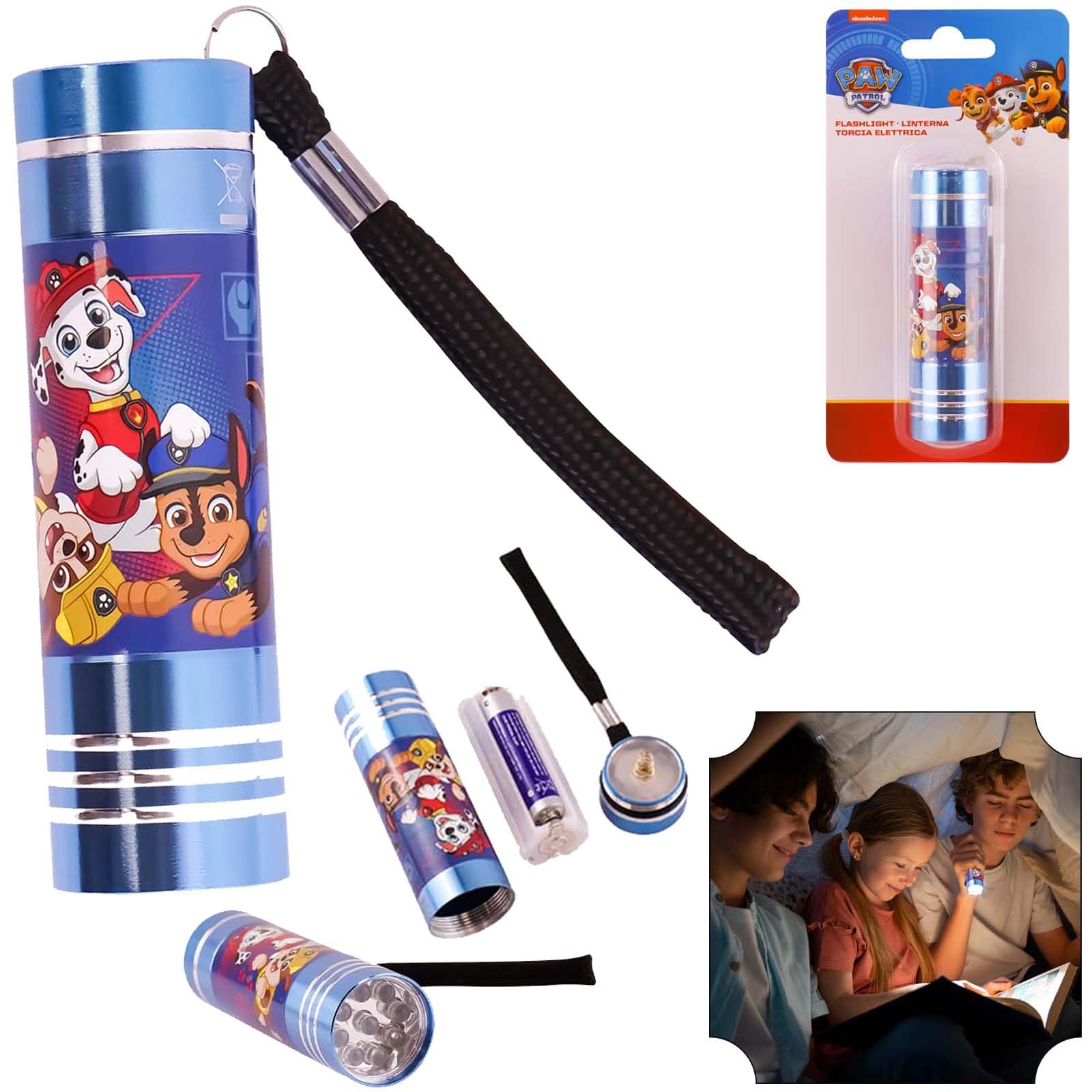 8.7cm Paw Patrol Aluminium Flashlight Torch in Sky Blue Colour, 9 LED Torch for Kids Featuring TV Characters for Boys 3+ Years