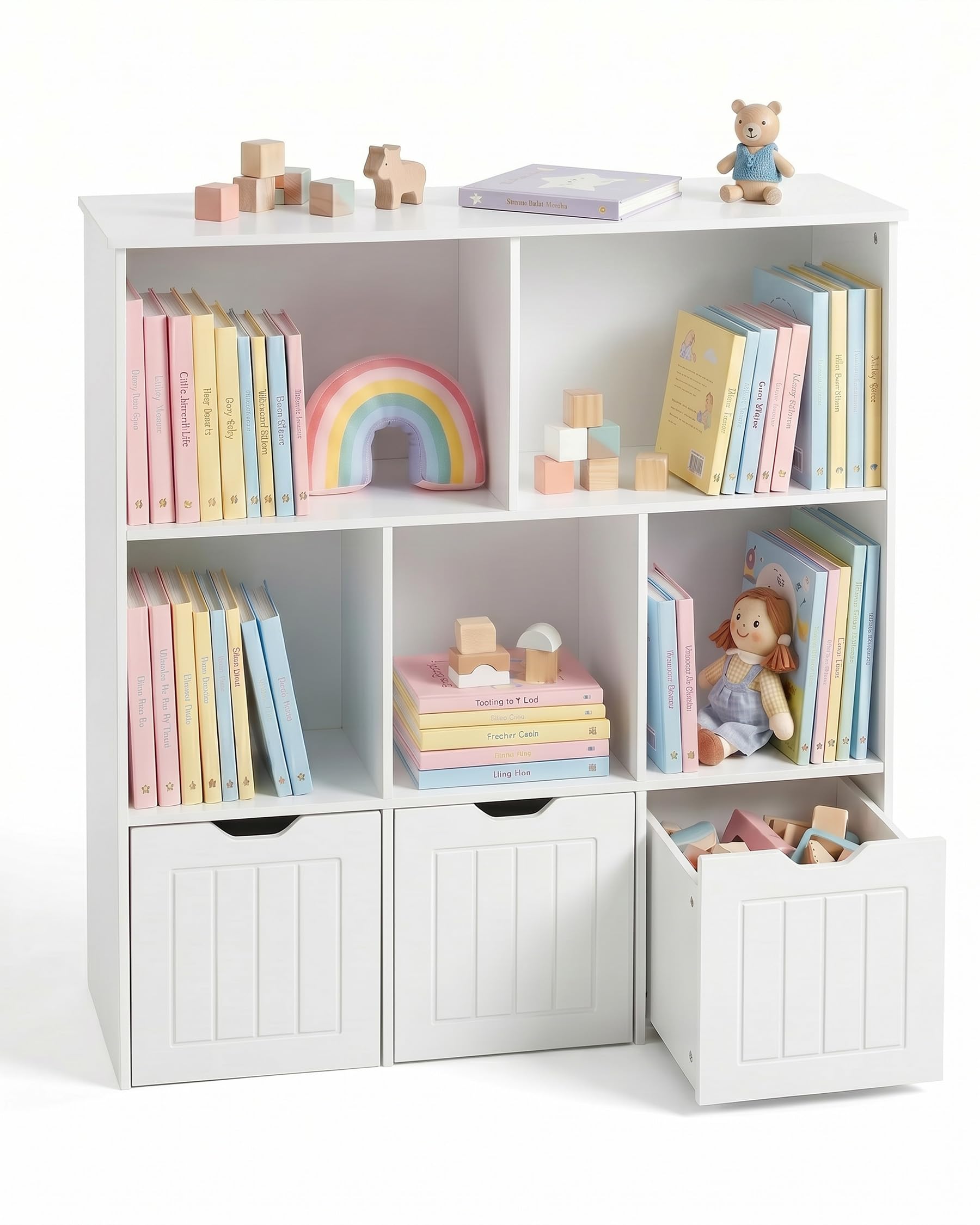 Bibliothèque Enfant avec 5 Compartiments, Meuble de Rangement Enfant avec 3 Tiroirs, Étagère Chambre Enfant, Rangement Jouet, Meuble Montessori, Blanc 100x33x89.5cm