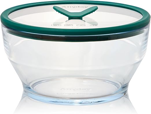 Anyday 8-Cup Glass Food Storage with Glass Lid, Round Deep Dish | Plastic-Free Meal Prep & Microwave Cookware | Stackable Airtight Storage Container with Vented Lid for Microwave-Safe Reheating