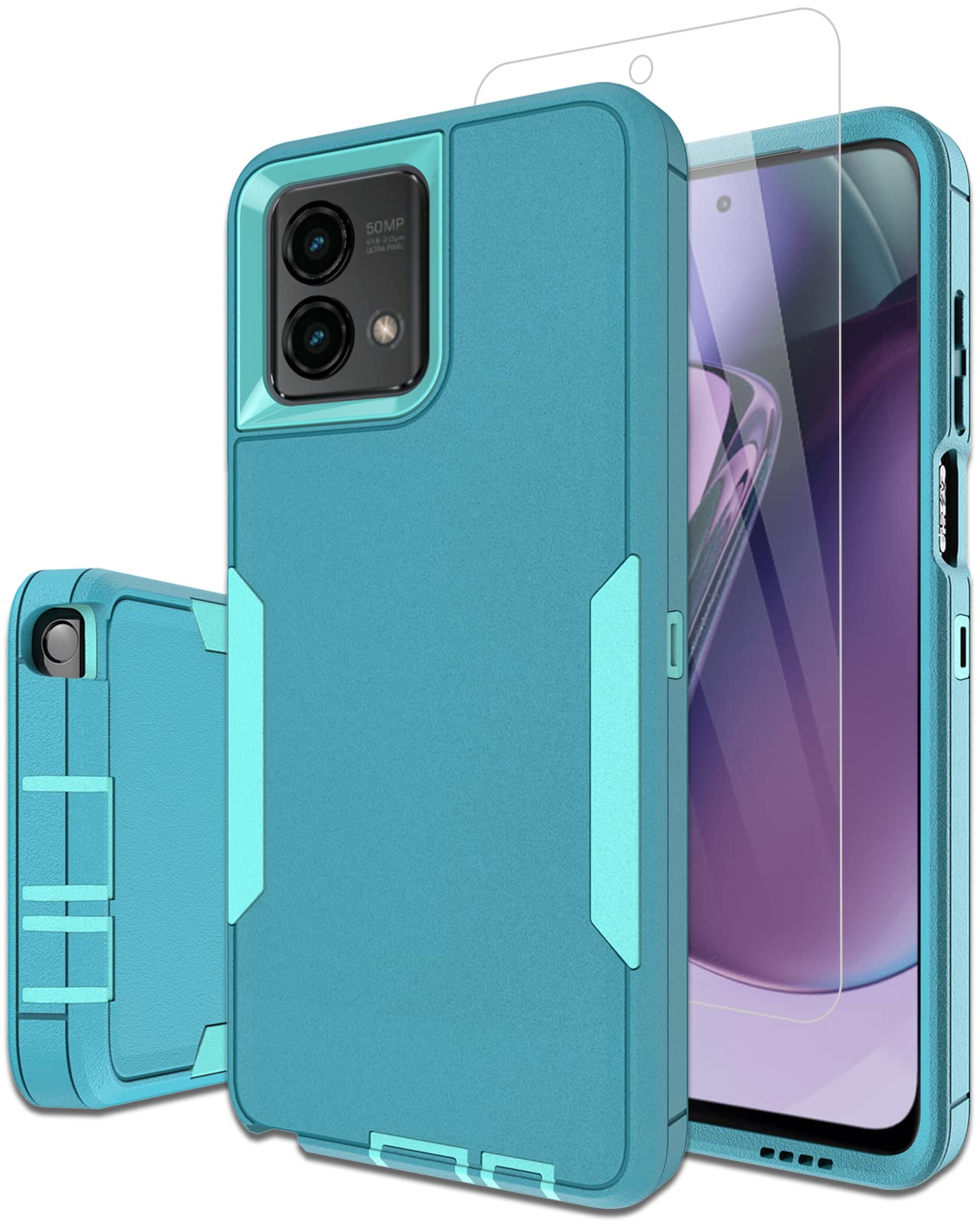 Dahkoiz Compatible with Moto G Stylus-5G-2023 Case, with Screen Protector, Dustproof Port Cover, Magnetic Car Mount Support, Full-Body Rubber Drop-Proof Phone Case, Mint/Teal