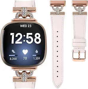 Luxe Leather Bands Compatible With Fitbit Versa 4/Versa 3/Sense 2/Sense Bands For Women D-shaped Bling Metal Buckle Replacement Straps.
