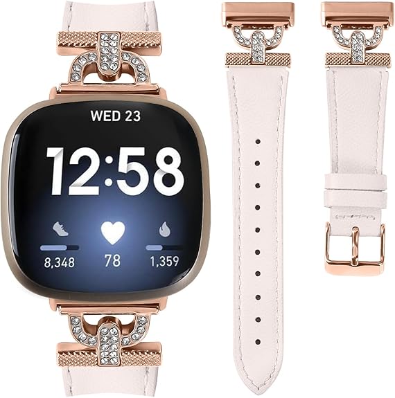 Luxe Leather Bands Compatible With Fitbit Versa 4/Versa 3/Sense 2/Sense Bands For Women D-shaped Bling Metal Buckle Replacement Straps.