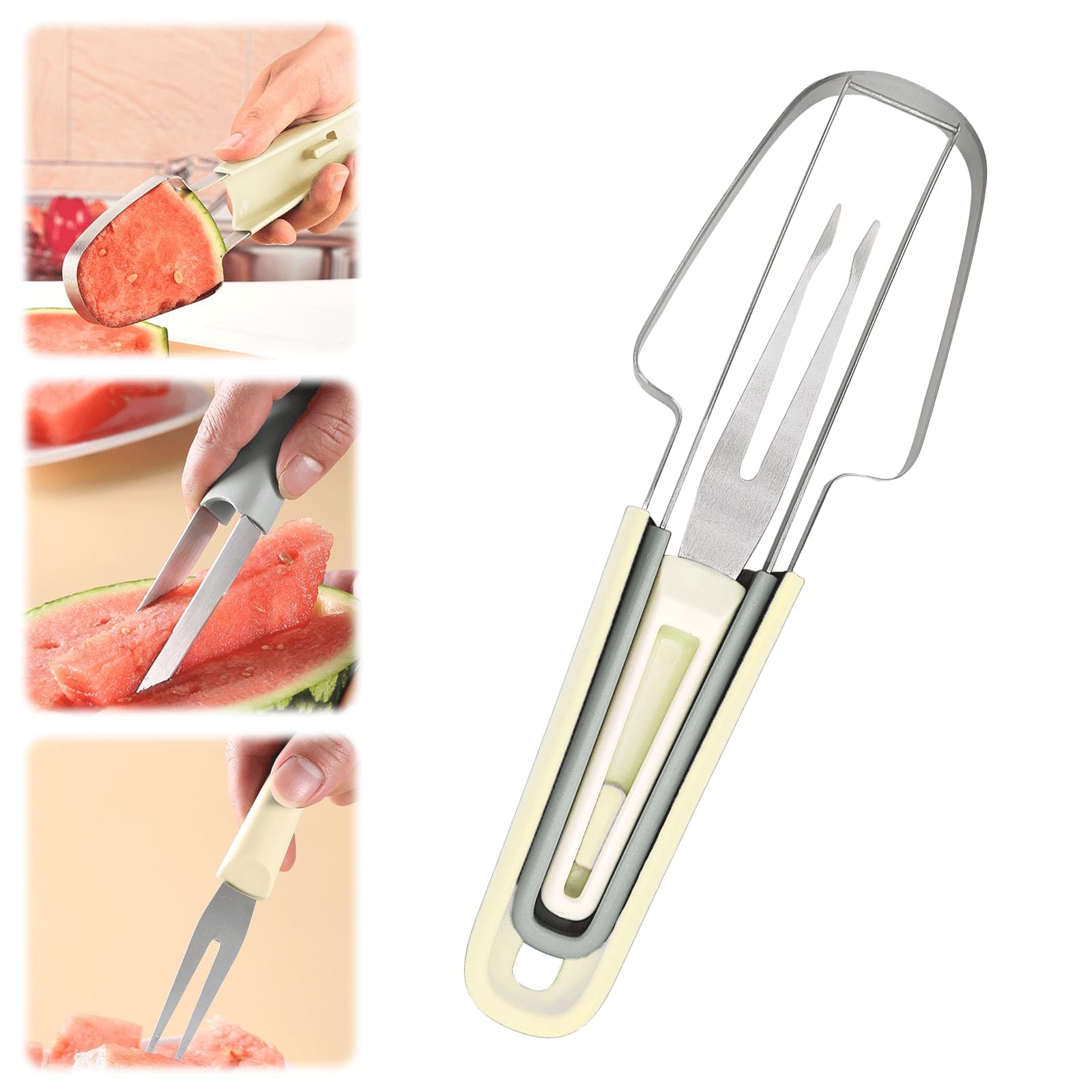 Cortador de Tenedor de Sandía 3 en 1, Cortador de Sandía de Acero Inoxidable, Cortador de Sandía, Cortador de Melón de Acero Inoxidable, Tenedores de Frutas para Acampar (Beige)