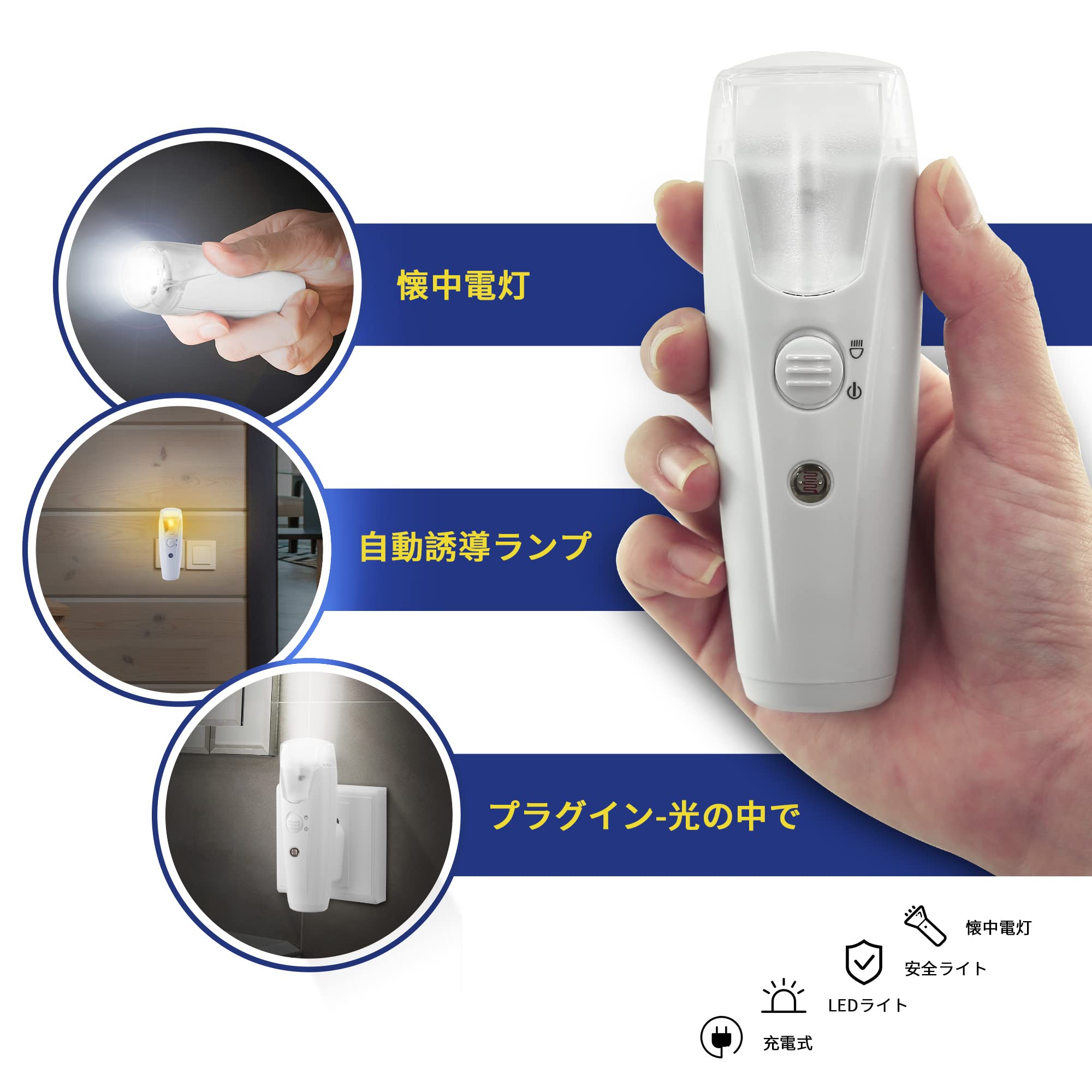 Amazon.co.jp: 緊急LED懐中電灯、3-in-1充電式停電ライト、緊急事態用