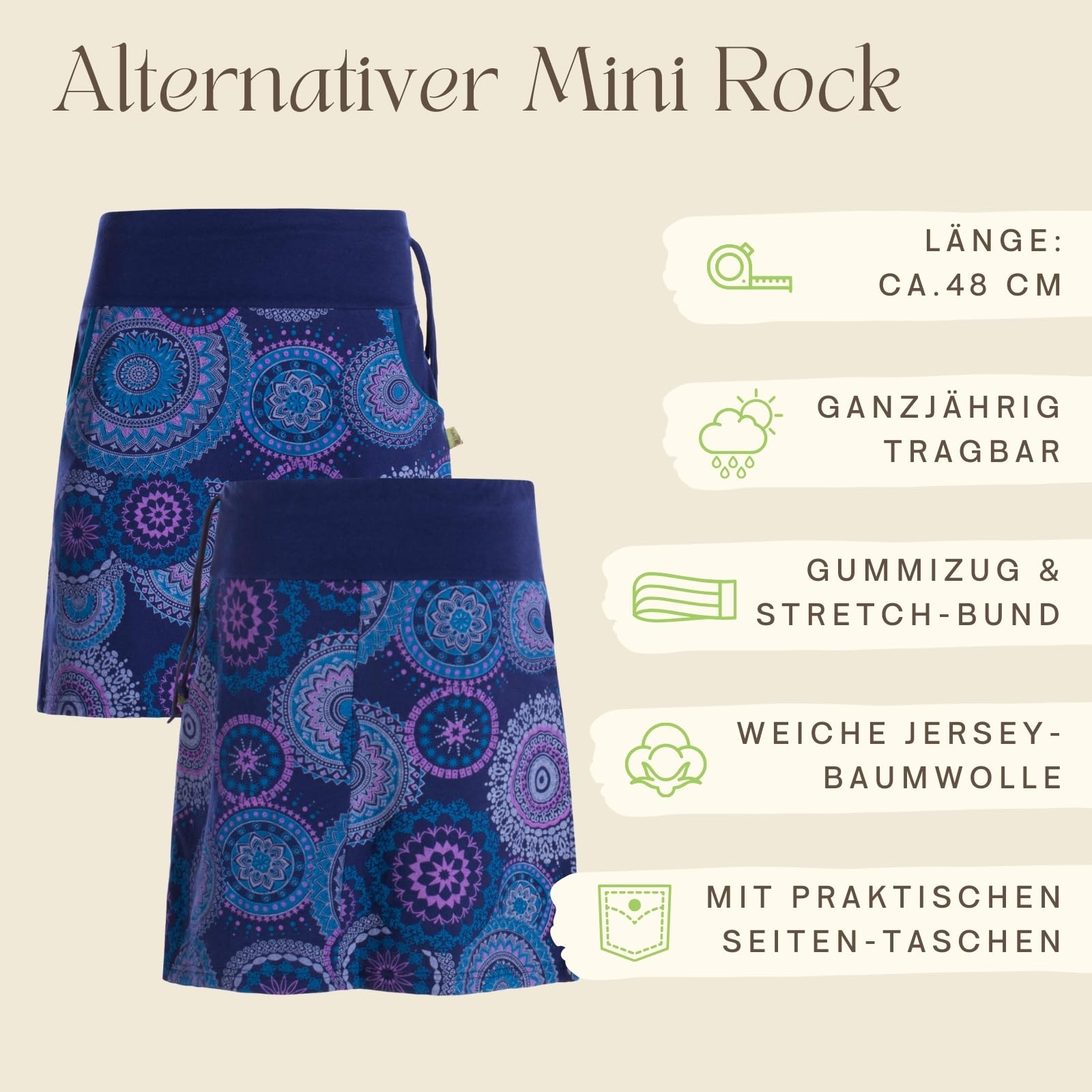 Vishes kurzer Damen-Rock mit Mandalas I Handgefertigt aus 100% Baumwolle I Rock mit Taschen I Ideal für warme & kalte Monate I Nachhaltige Alternative Bekleidung