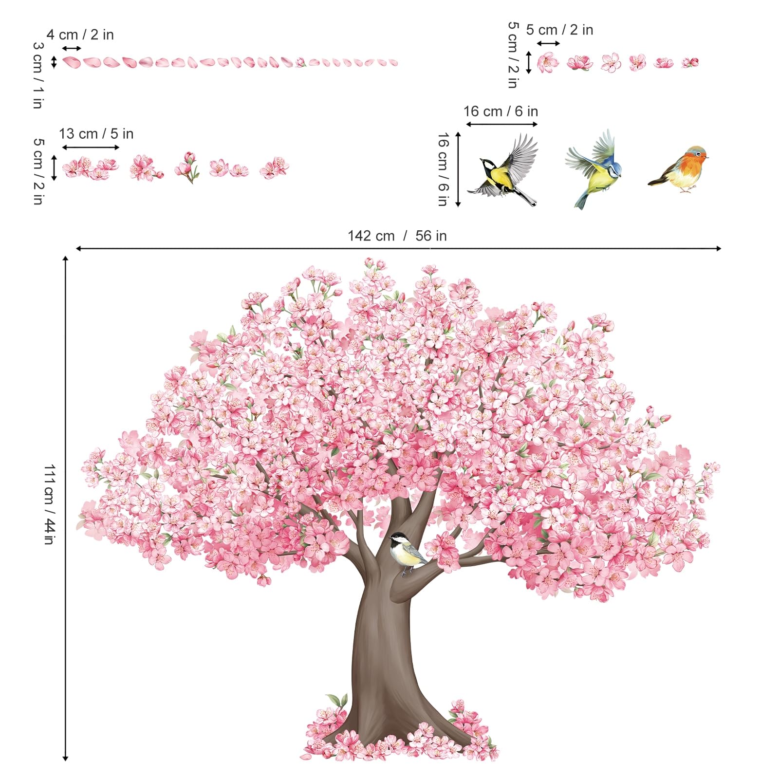decalmile Stickers Muraux Grand Arbre Fleurs de Cerisier Autocollant Mural Floral Rose Oiseaux Décoration Murale Bébé Fille Chambre Enfants Pépinière - 4