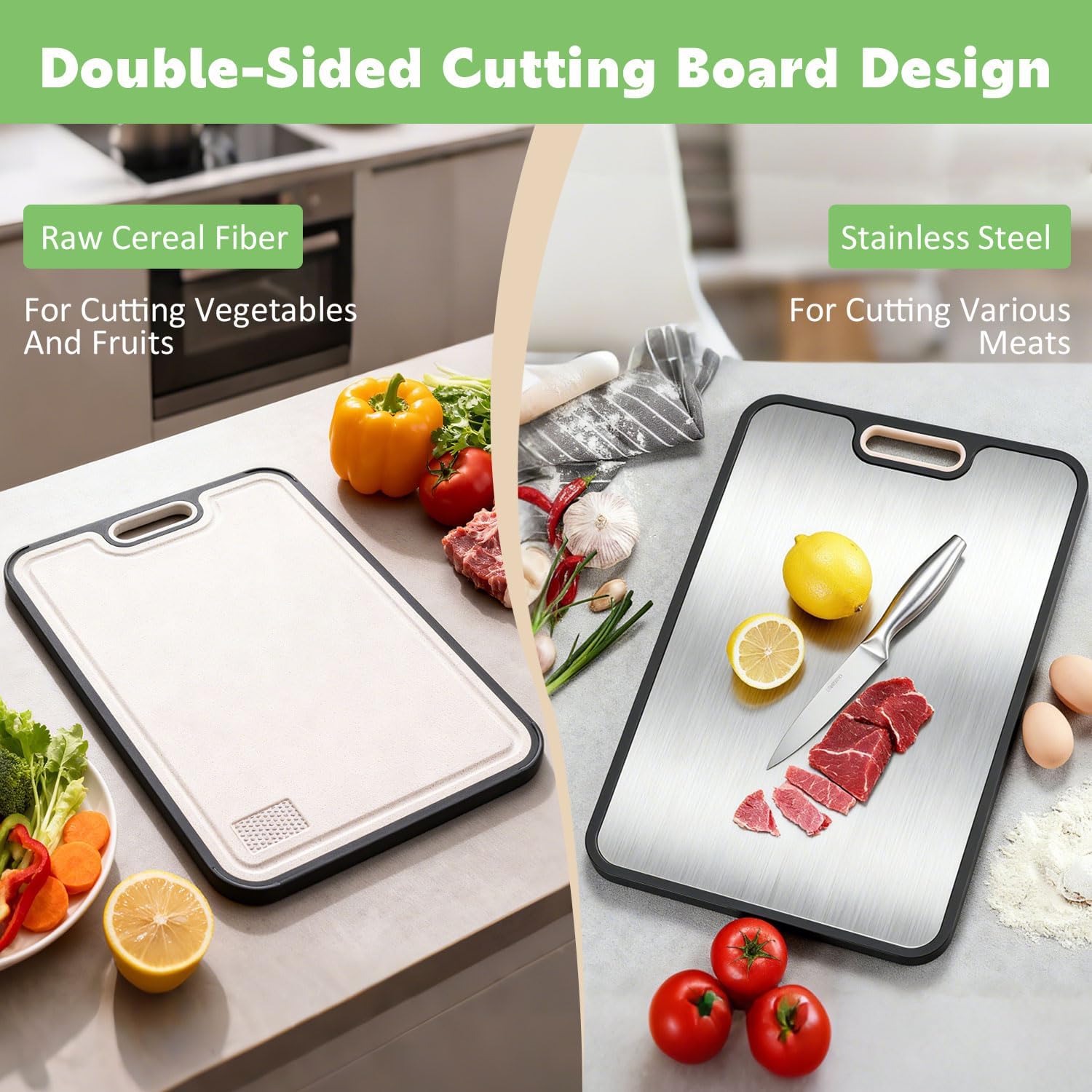 Titanium Cutting Board for Kitchen, Stainless Steel Cutting Board Double Sided Food Grade Cutting Boards Non Toxic Pure Titanium and Wheat Straw PP