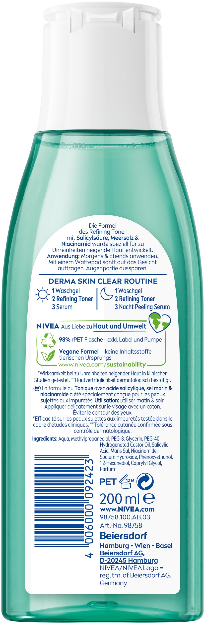 NIVEA Derma Skin Clear Refining Toner, wygładzający pory tonik do twarzy dla widocznej poprawy wyglądu skóry, oczyszczanie twarzy kwasem salicylowym i niacynamidem (200 ml)
