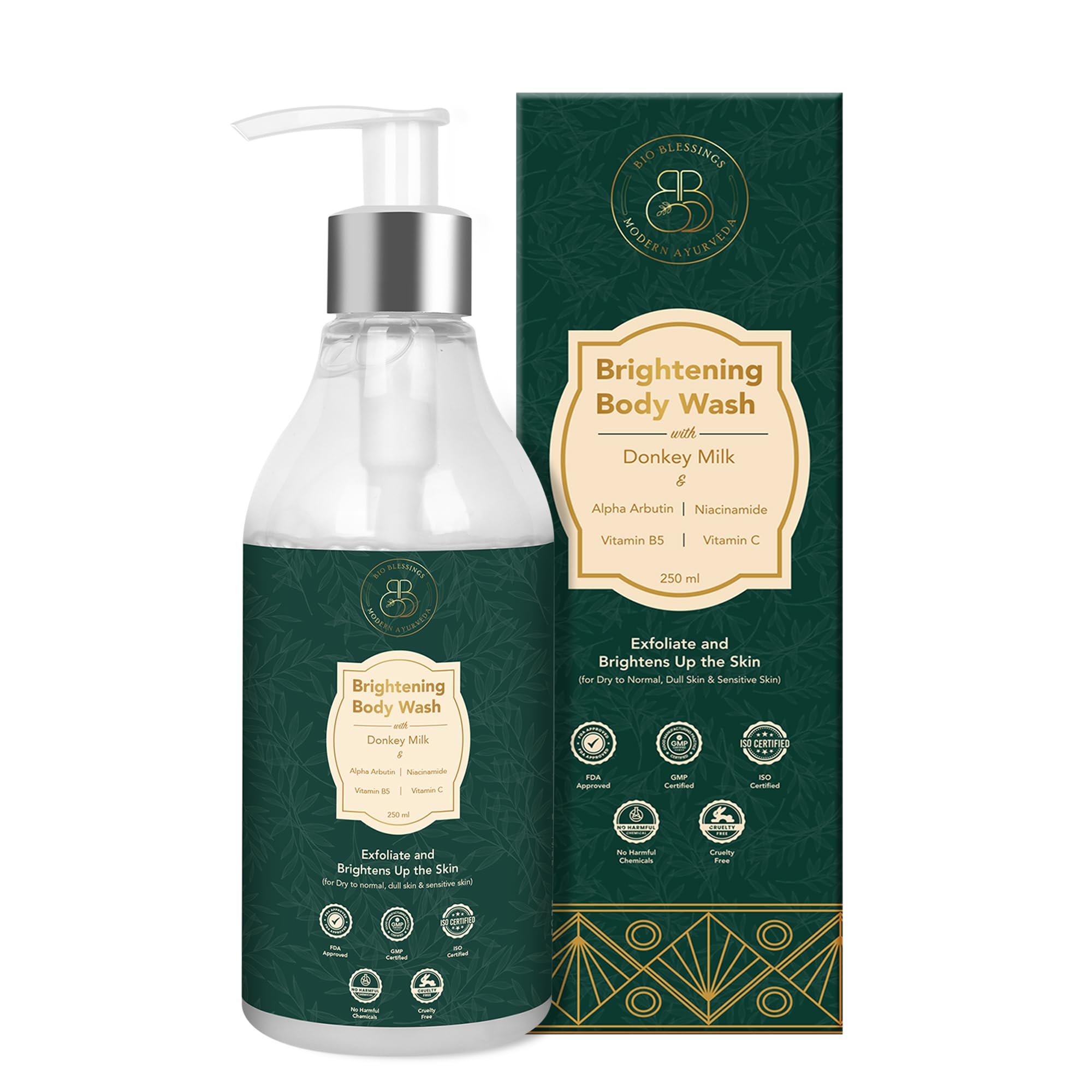 Bio Blessings Donkey Milk & Alpha Arbutin Brightening Body Wash for Women & Men | With 2% Niacinamide, Alpha Arbutin, Vitamin B5, Vitamin C | Reduce Dark Spots & Uneven Skin Tone, Exfoliate & Brightens Up the Skin - 250ml