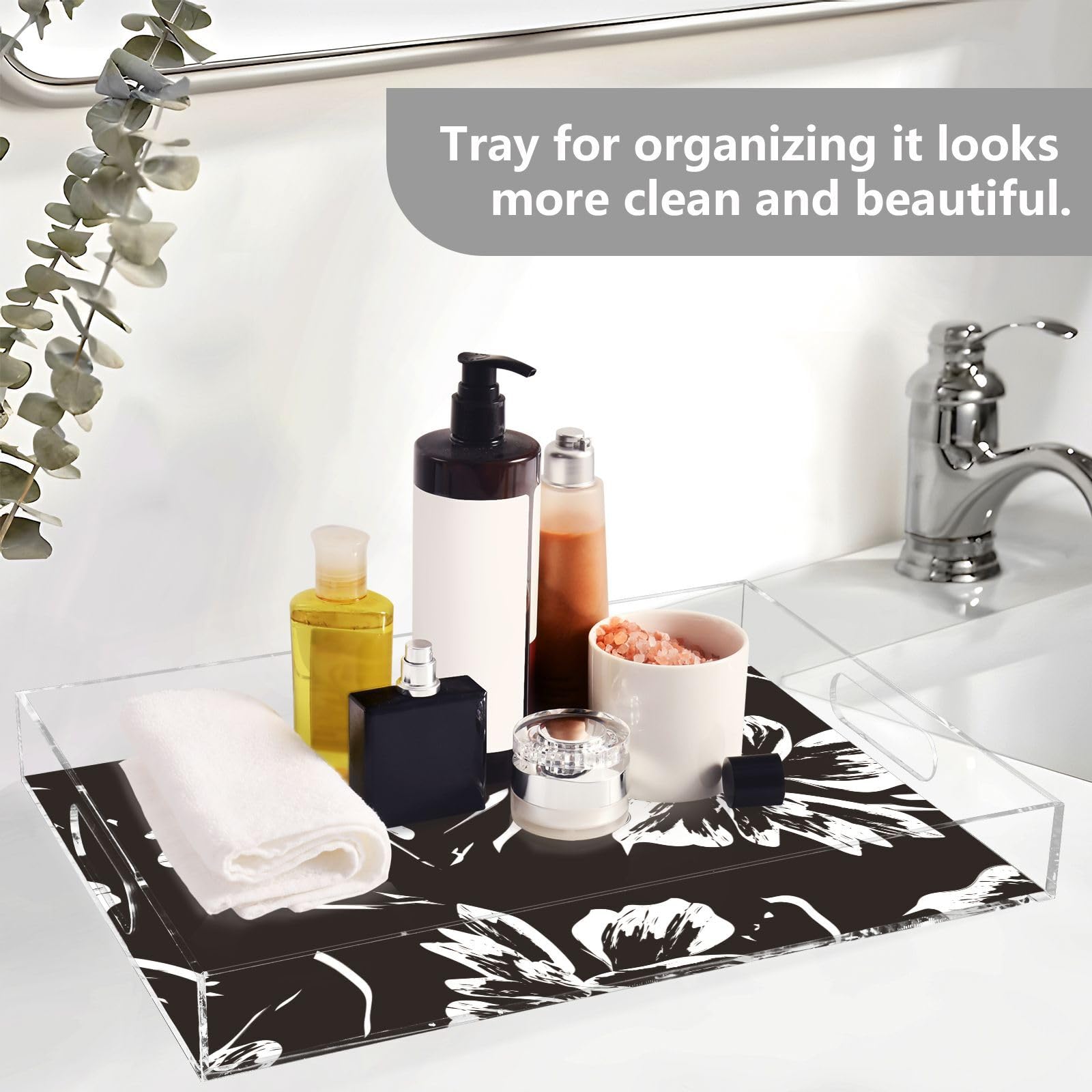 Bandeja de acrílico transparente con asas, bandeja de desayuno de acrílico transparente con patrón de trazos florales, bandeja de desayuno impermeable, bandejas transparentes para servir de 12 x 16