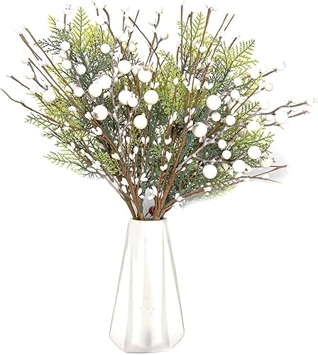 Paquete de 6 selecciones florales de Navidad, bayas de Navidad con bayas de acebo, tallos artificiales de bayas blancas para Navidad, invierno,