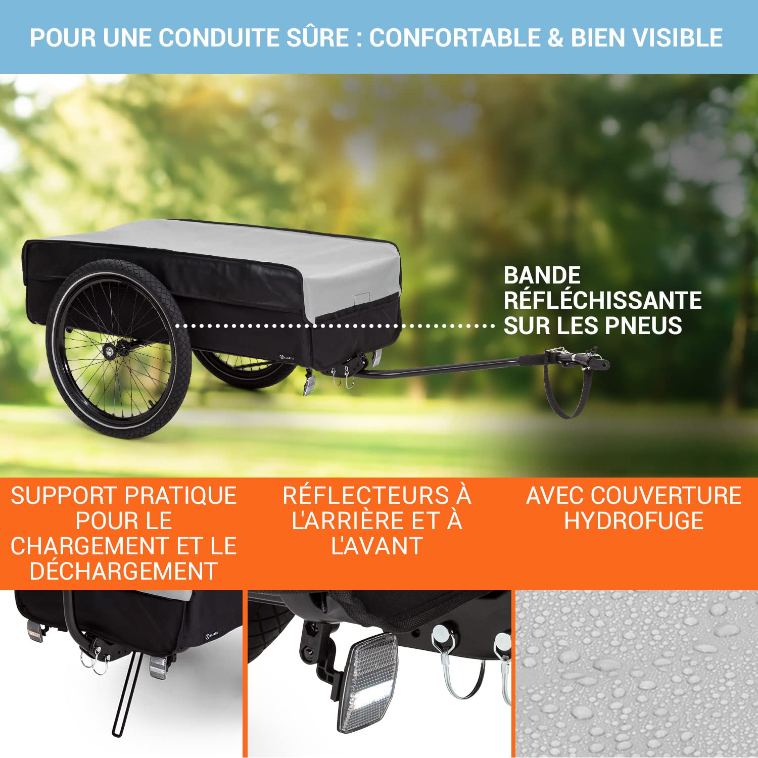 Klarfit Remorque Velo Cargo 2 Roues Acier avec Attelage Support Etanche Camping Bagages Trekking