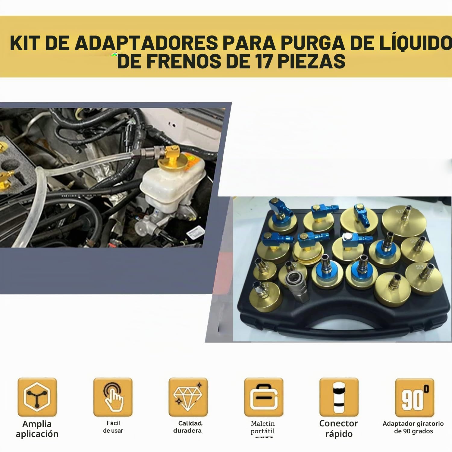 Kit de adaptadores de desaireación de líquido de frenos de 17 piezas, kit de desaireación de frenos del cilindro maestro, kit de desaireación de frenos para la mayoría de vehículos para