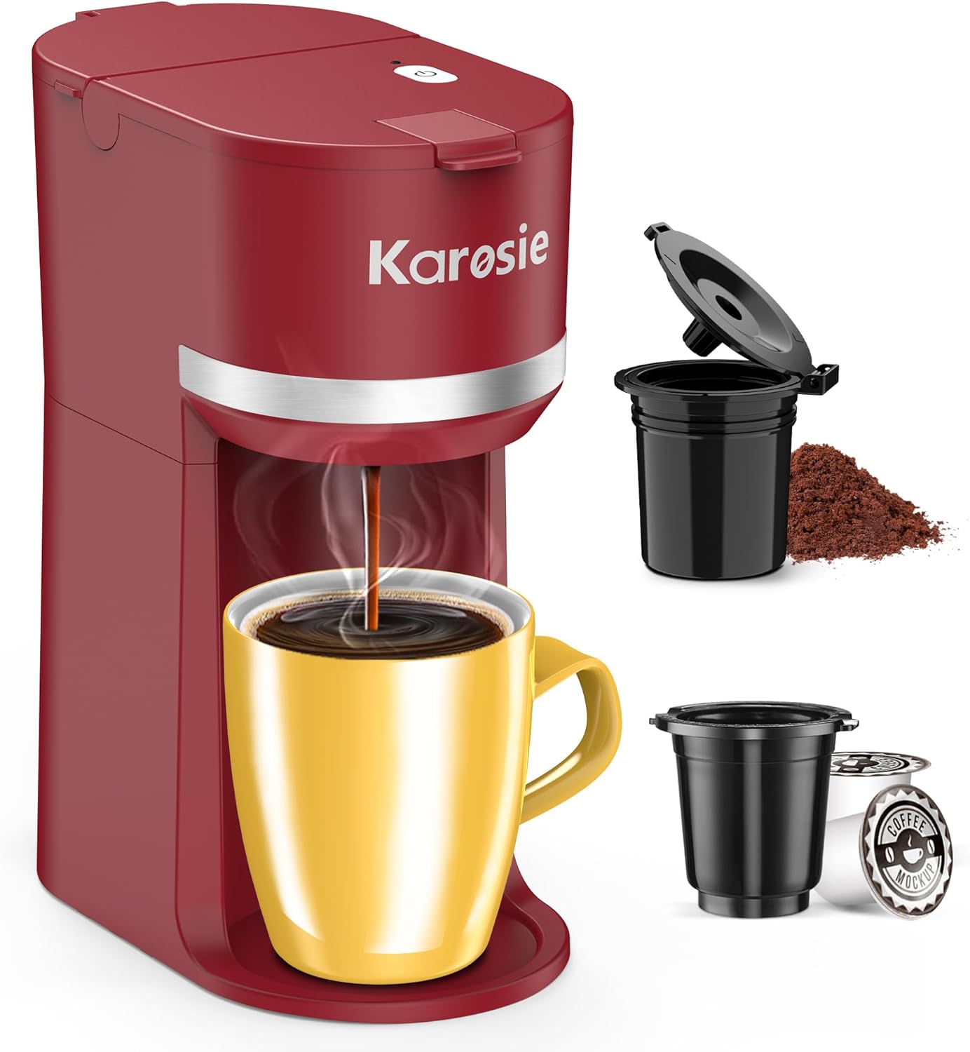 Single Serve Coffee Maker for K-Cup and Ground Coffee, Fast Brew, 6-12 oz Brew Sizes One Cup Coffee Machine Fits 5.5" Mugs, One-Button Small Coffee Maker with Descaling Reminder, Red Red 9.45 Inches