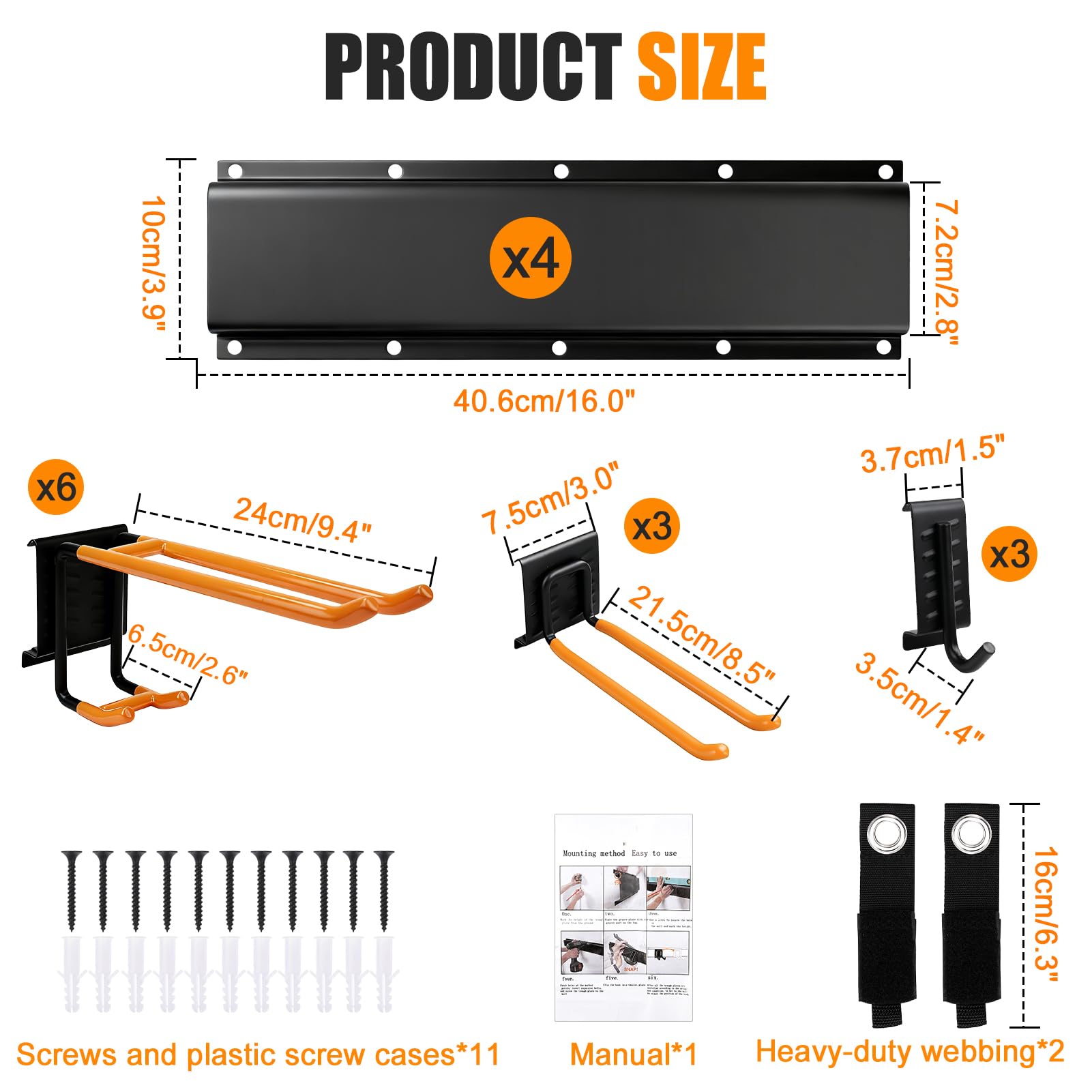 Organizador de Garaje con 4 Guías (162cm), 12 Ganchos Extraíbles con Fundas Antideslizantes, 2 Correas de Carga, Soporte de Jardín de Pared para Taller, Herramientas, Escobas, Rastrillos
