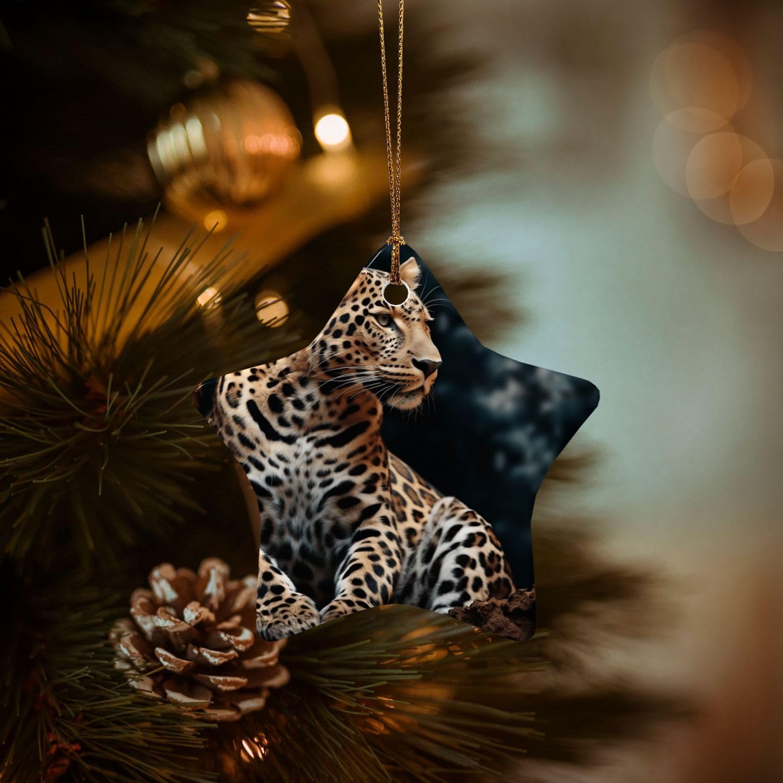 Christmas Tree Ornaments Ceramics Christmas Decorations A Leopard Sits Ornaments with Gold Ribbon Porcelain Xmas Tree Crafts Star Shape Hanging Pendant for Christmas Tree Party Decor