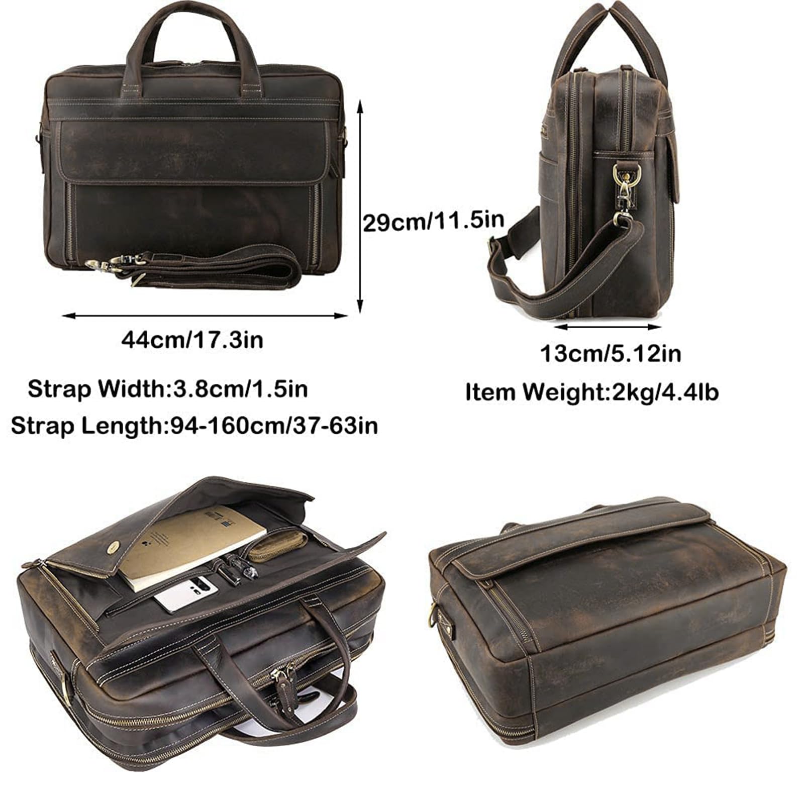 Maletín vintage de cuero genuino para hombres de 17 pulgadas para computadora portátil de negocios, viajes, trabajo, mensajero, bolsas de hombro, marrón oscuro, Marrón intenso, 17.3 x 11.4 x 5.12