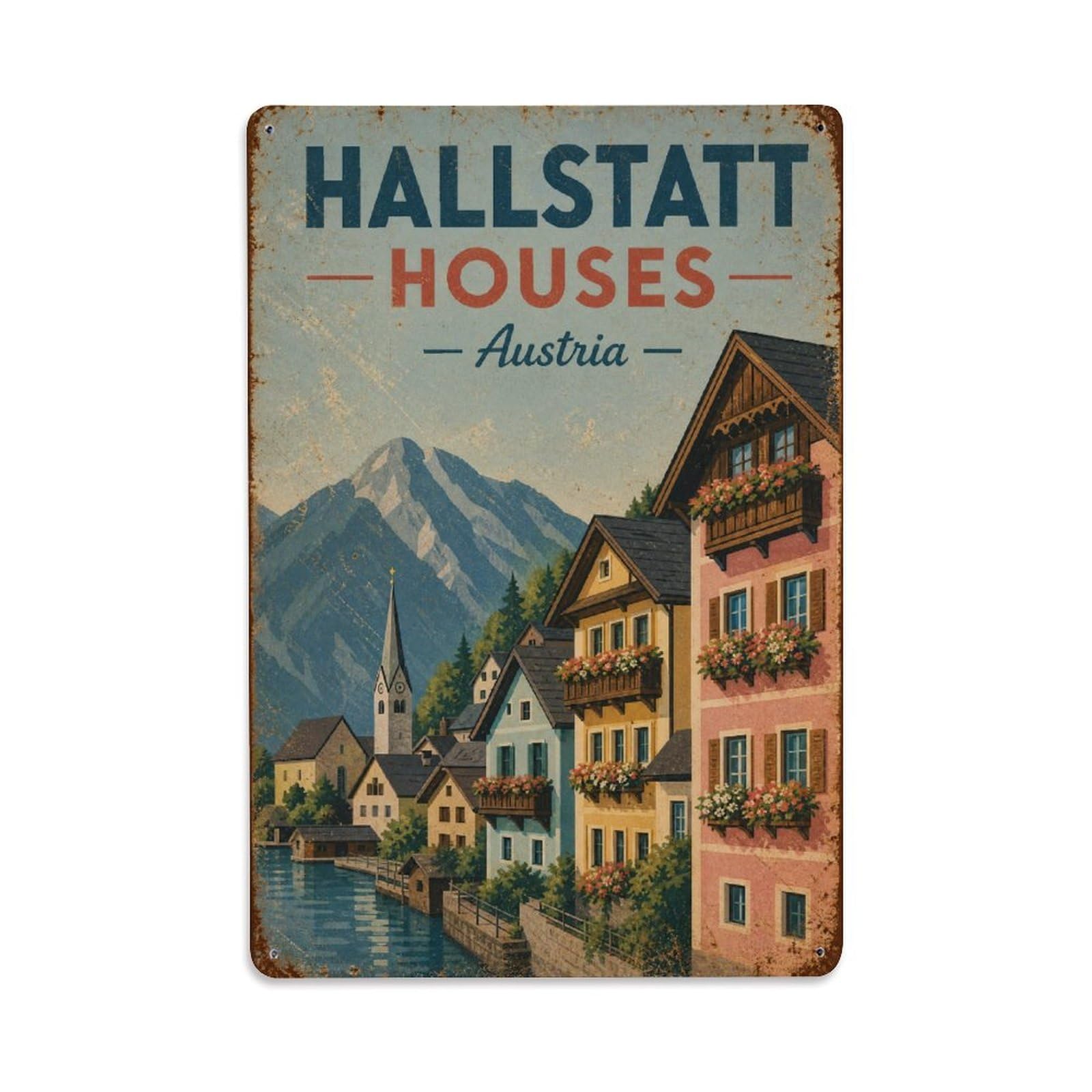 Gead 8X12inch Style Vintage Travel Hallstatt Austria Houses Metal Tin Sign