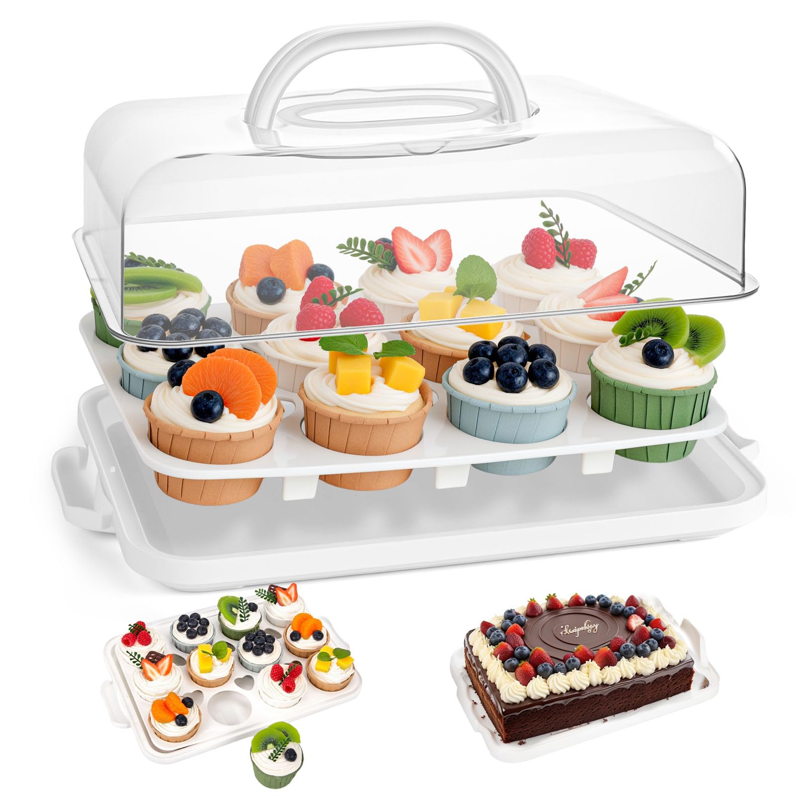 VGOODALL Cake Carrier with Lid and Handle, 12 Capacity Cupcake Carrier, 2-in-1 Rectangular Cupcake Holder for Pies Muffin Pizza Nuts Fruit, Dessert Storage Containers for Parties, Picnics, Baking