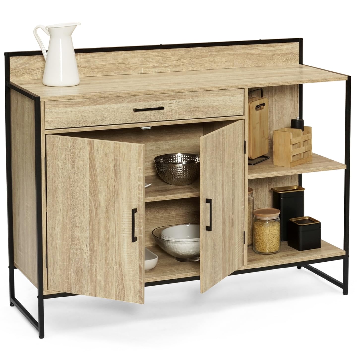 IDMarket – Aparador bajo de cocina 120 cm Detroit Plan de trabajo H.83 CM 2 puertas + cajón diseño industrial