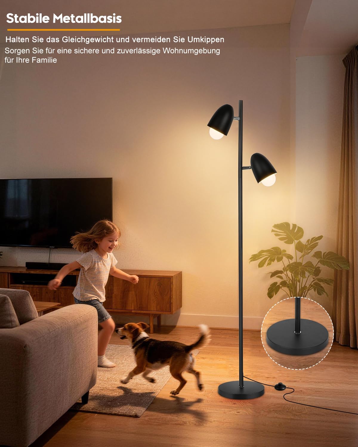 LED Stehleuchte mit 2 verstellbaren Köpfen, 170CM Wohnzimmer Stehlampe mit E27 Fassungen Max.60W, Industrial Leselampe (mit 2 Leuchtmittel) für Schlafzimmer Büro - Schwarz