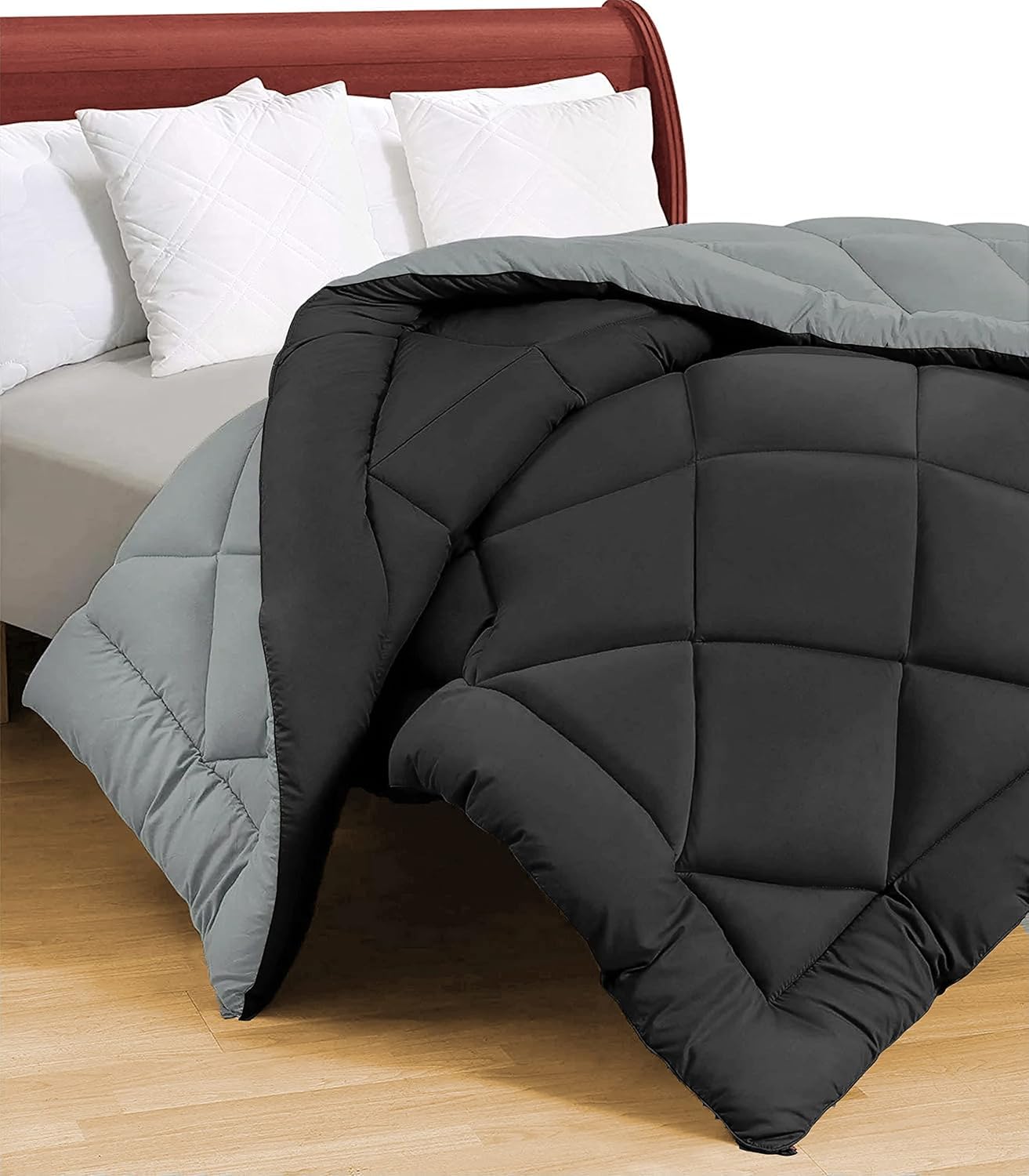 VAS COLLECTIONS Microfibre All Season/Winter Solid Reversible Double Bed Comforter Blanket | Quilt | Razai - (220 GSM, Black and Light Grey) 220x240cm-image-9