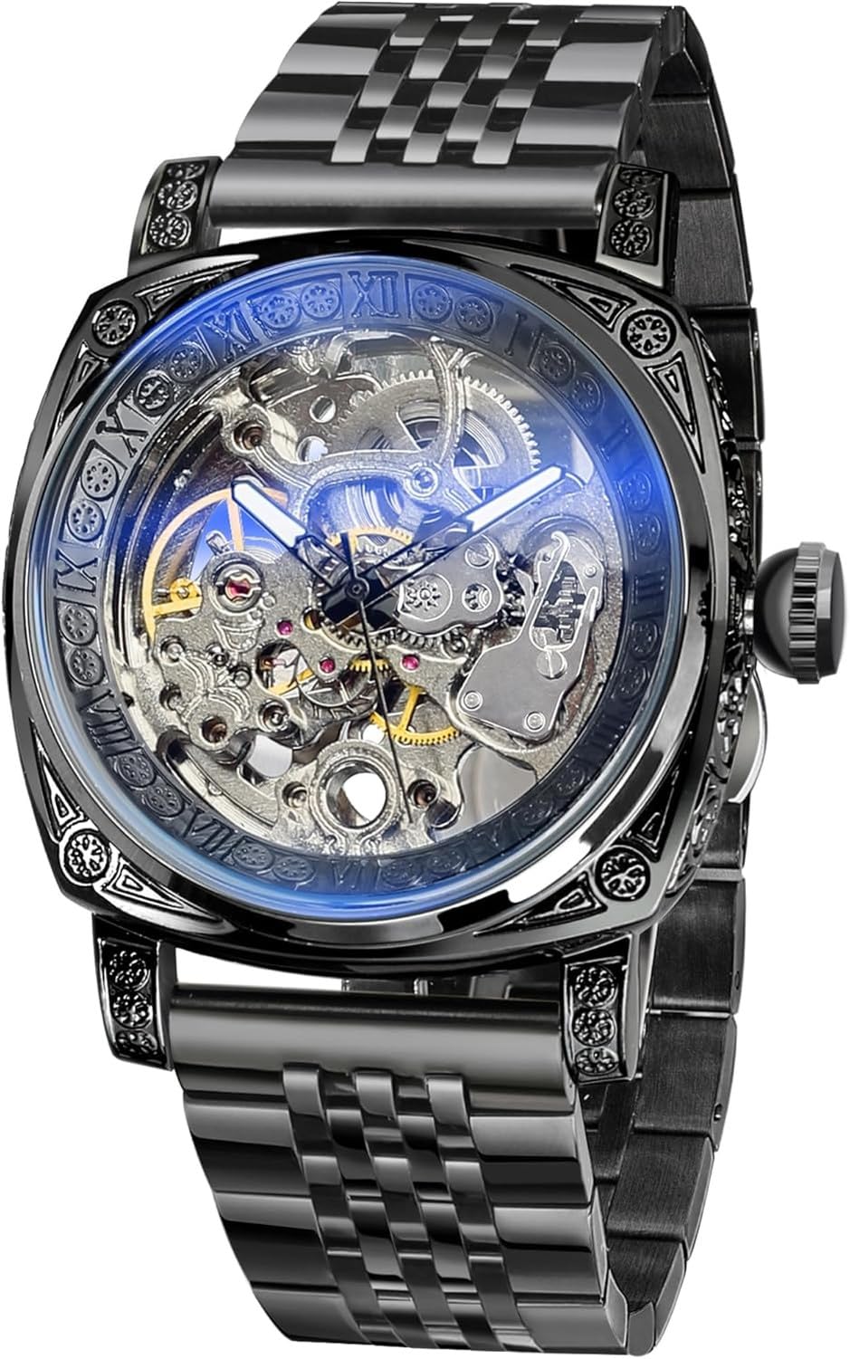 Wuufake Wrist Watch for Men Black Numeral Dial Square Stainless Steel Retro Vintage Skeleton Automatic Self-Wind Leather Strap Timepiece, Black_s