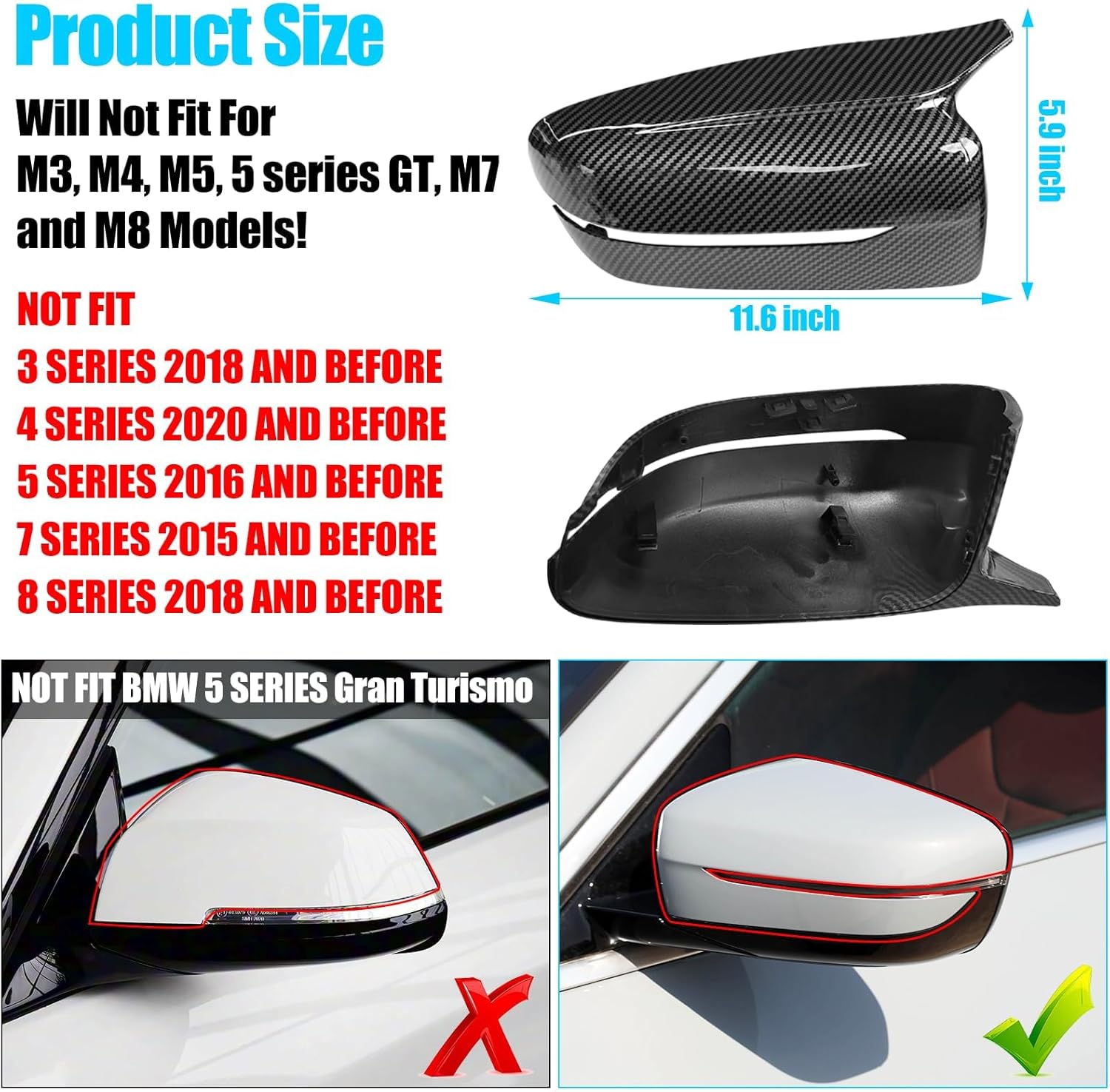 Jaronx Compatible with BMW Mirror Cover 3'G20 2019-2024,4'G22 2021-2024,5'G30 2017-2022,7'G11 2016-2022,8'G14 2019-2024,Clip-on Horn Side Mirror Caps for BMW,Left Driver&Right (Carbon Fiber Pattern)