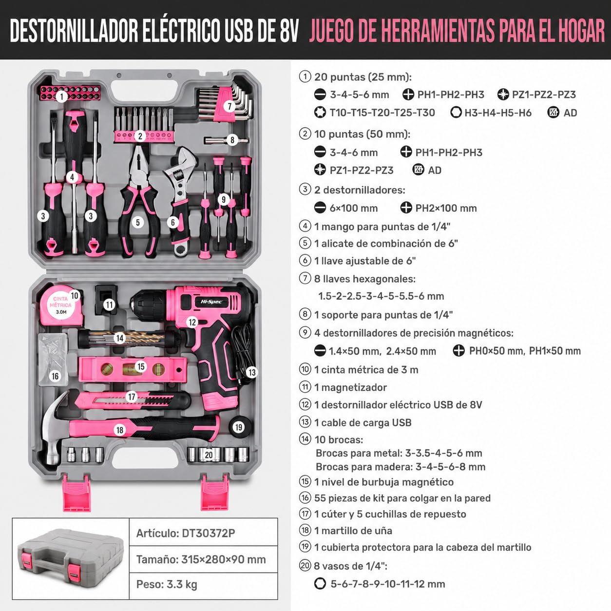 Hi-Spec Set de Herramientas Completo con Destornillador Eléctricos 8V, Rosa | 74 piezas, set completo en estuche portátil, recargable, para tareas de montaje y reparaciones domésticas, uso diario