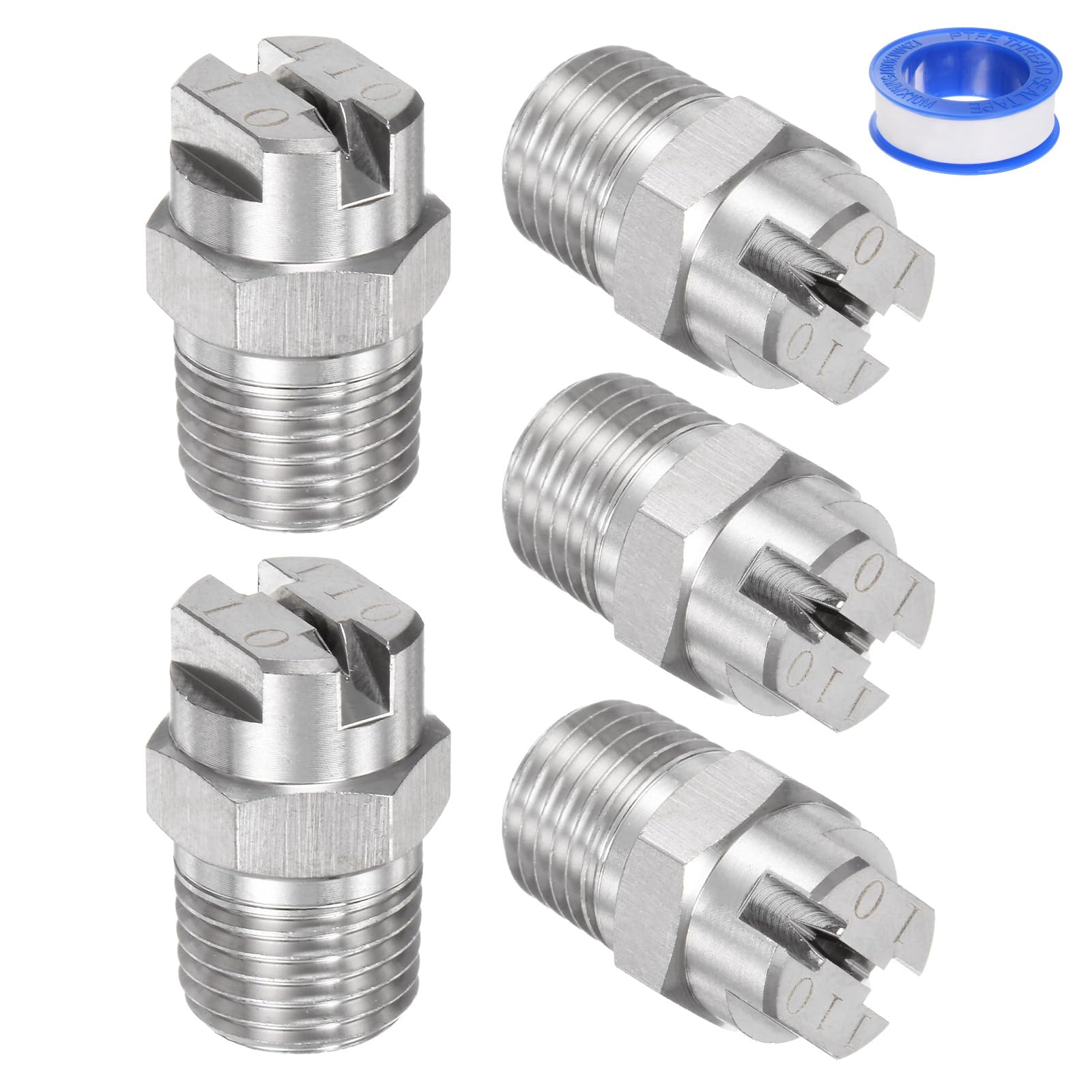 5-Pack Flat Fan Spray Tip, 110 Degree 1/4BSPT Male Stainless Steel Pressure Washer Nozzles Cleaner Nozzle Replacement W Sealing Tape for Water Guns (2mm Orifice)